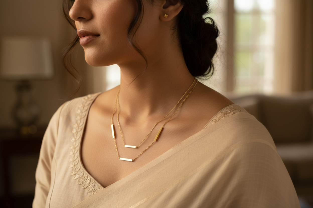 Gold Tone Sleek Layered Steel Bar Pendant Necklace for Women- Glossy Finish