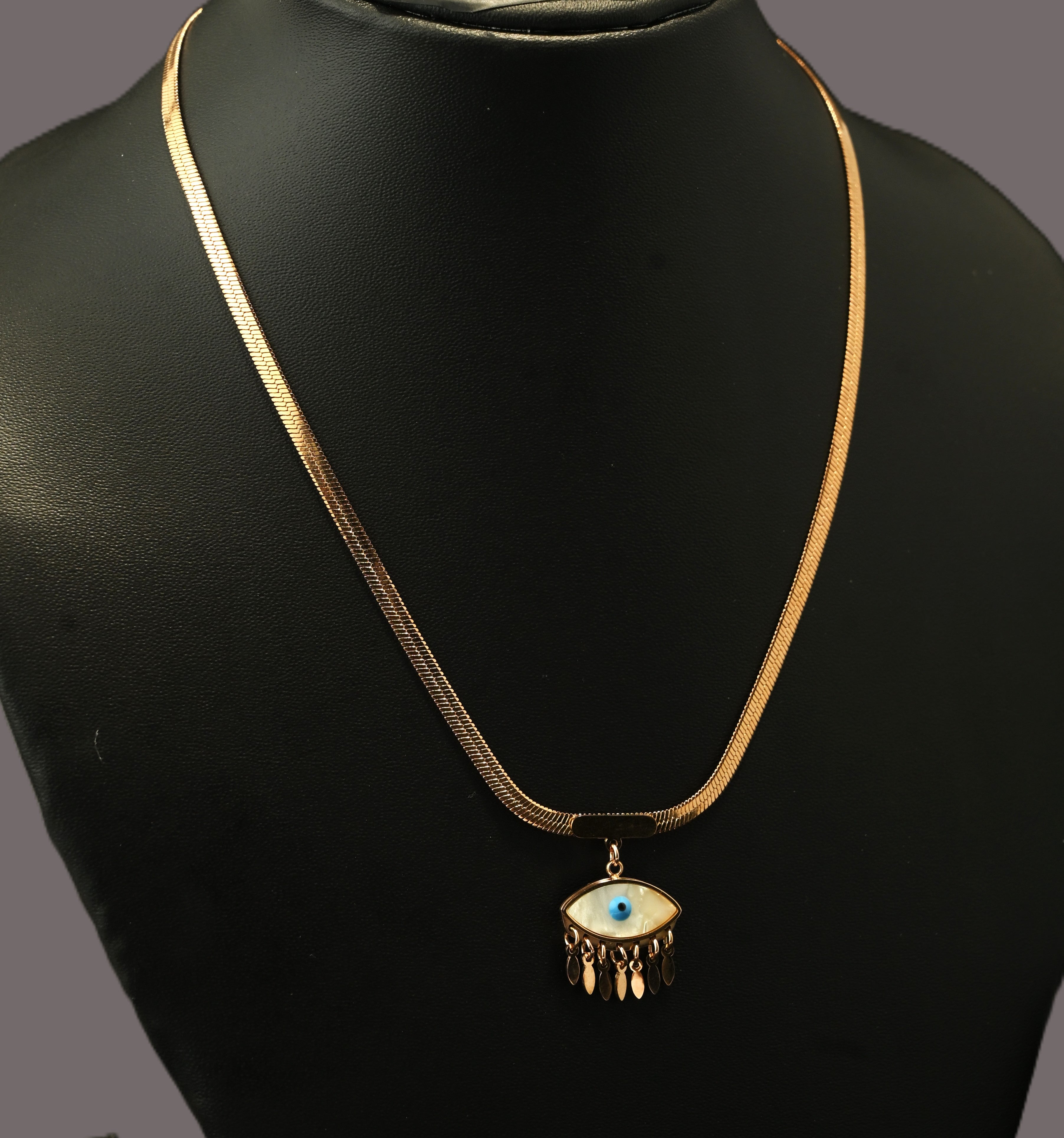 Gold Tone Classic Snake Scaled Necklace with Lucky Eye Charm for Women- Glossy Finish