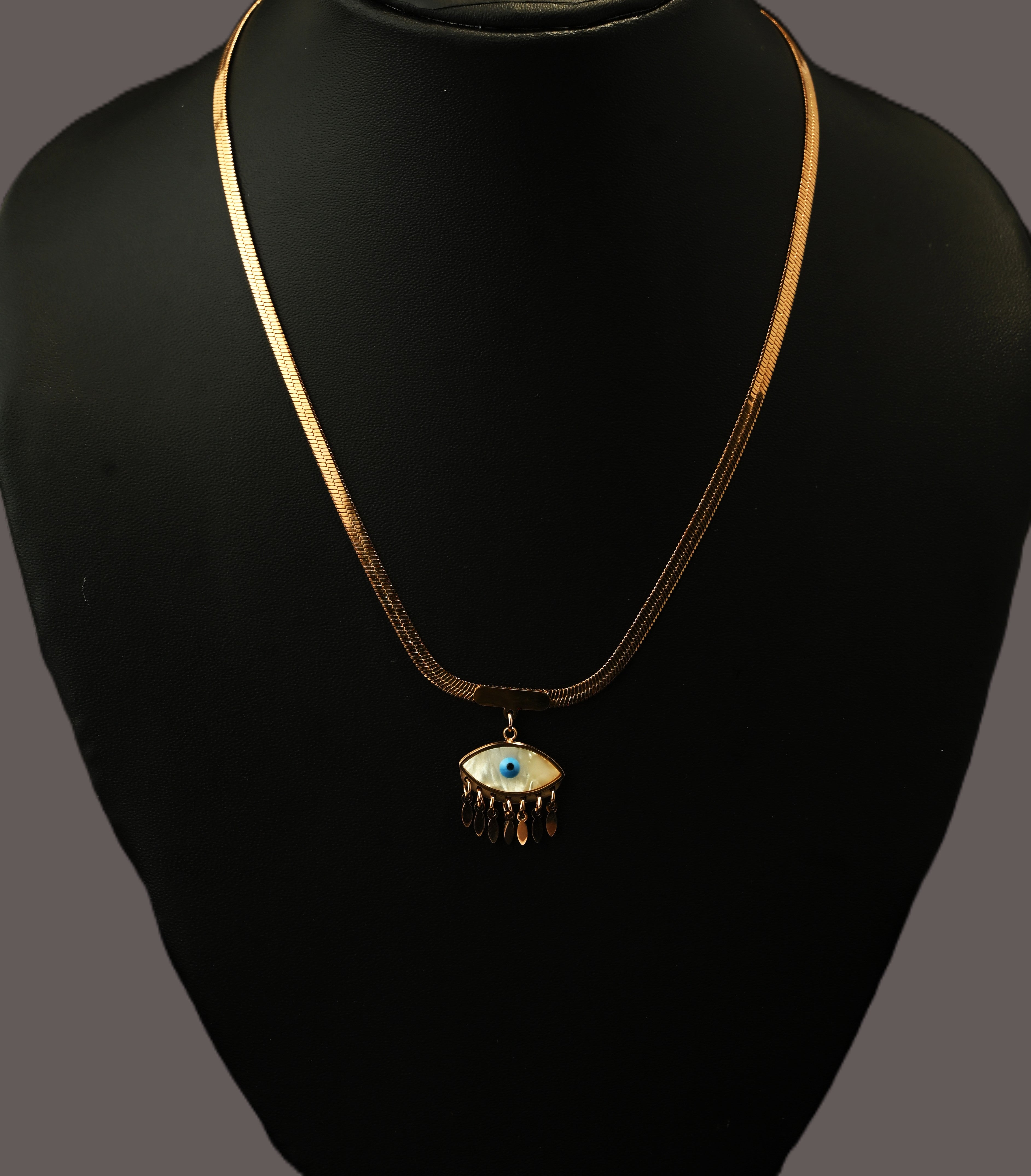 Gold Tone Classic Snake Scaled Necklace with Lucky Eye Charm for Women- Glossy Finish