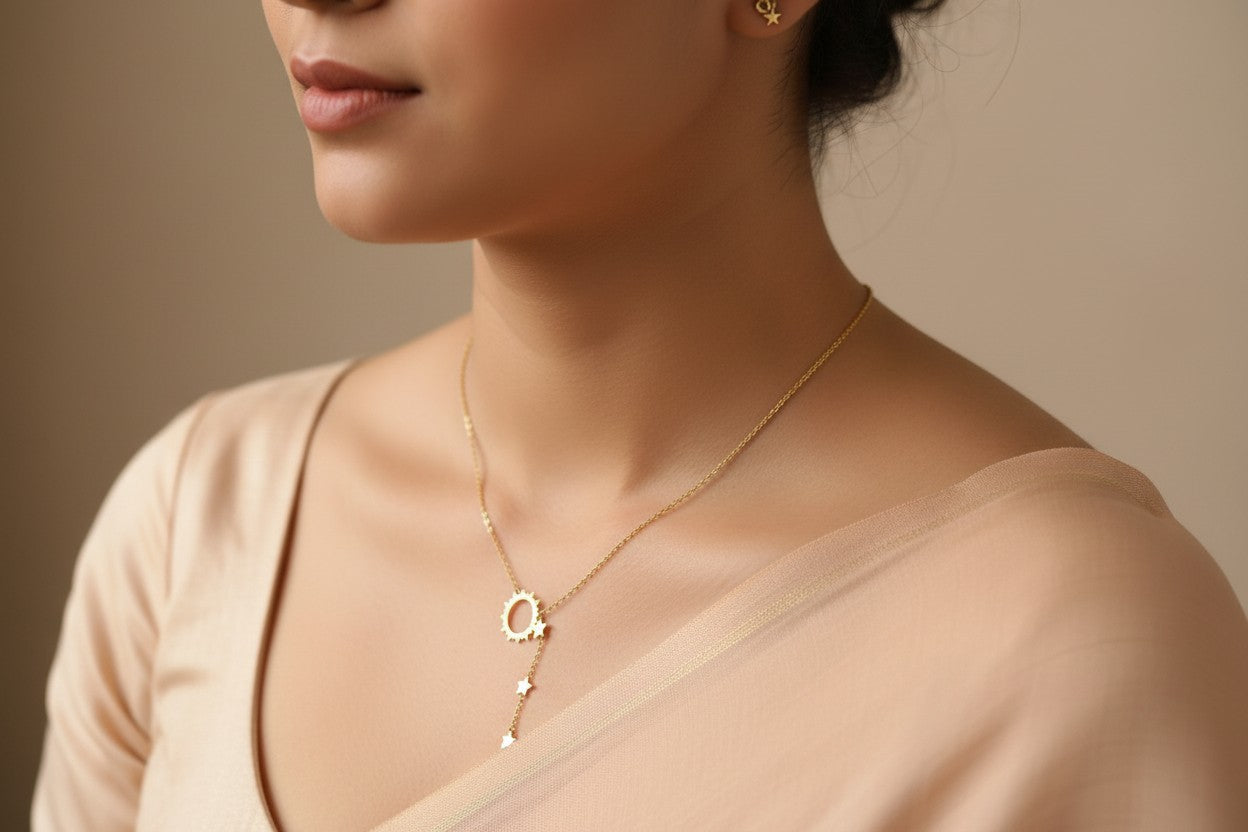 Gold Tone Celestial Star & Sun Layered Necklace for Women- Glossy Finish