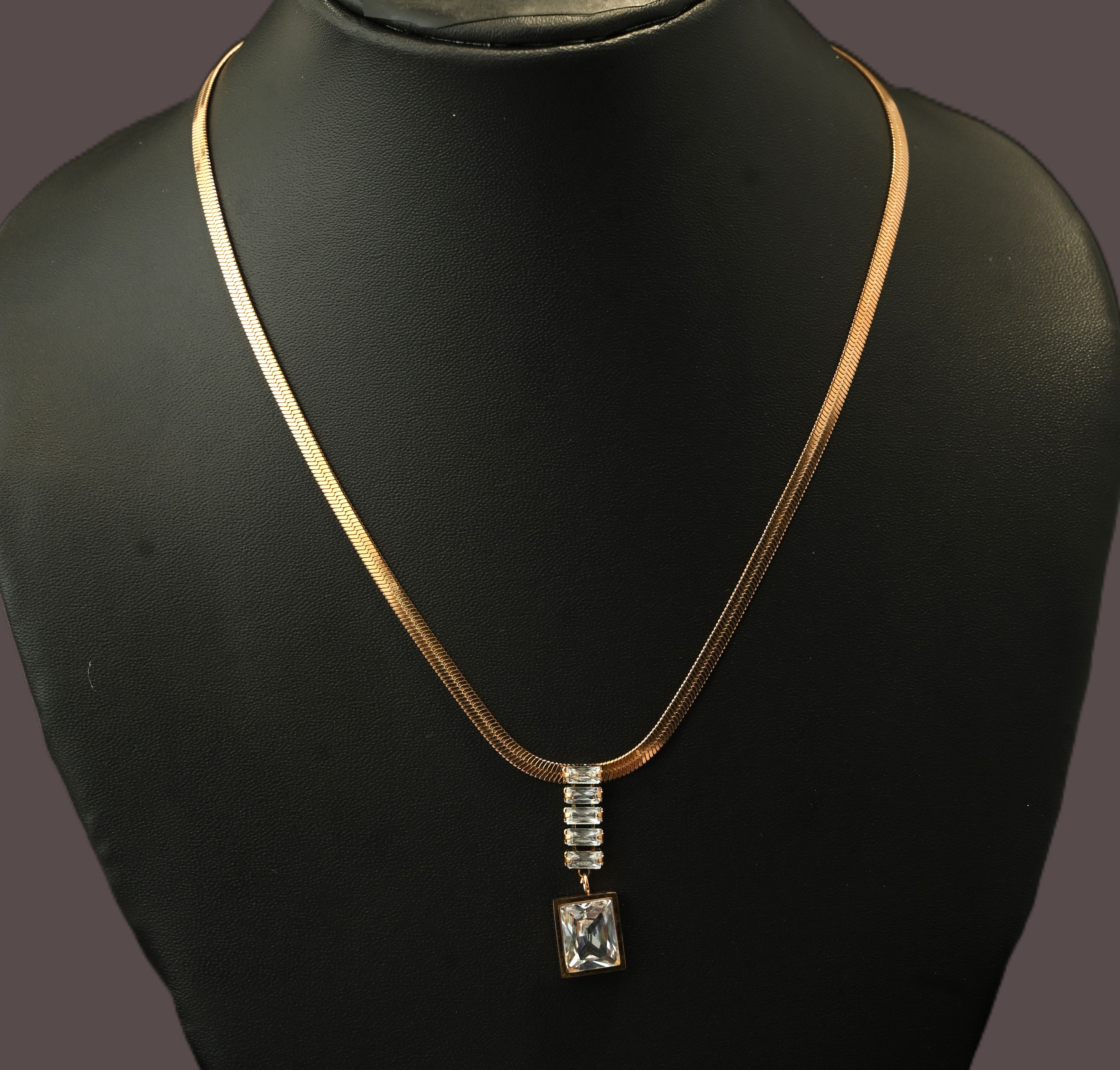 Gold Tone Luxe White Rectangular Cyrstal Necklace for Women- Glossy Finish