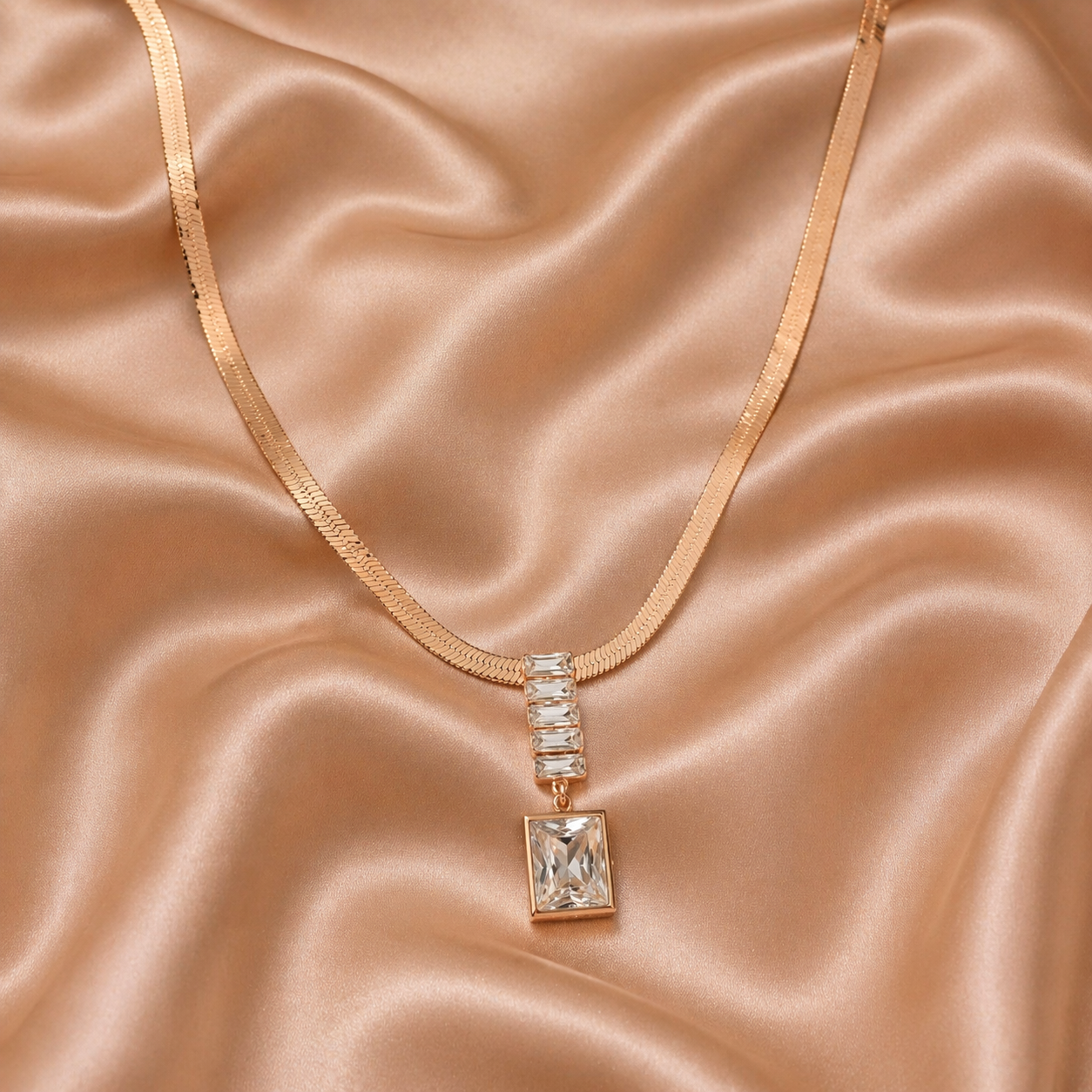 Gold Tone Luxe White Rectangular Cyrstal Necklace for Women- Glossy Finish