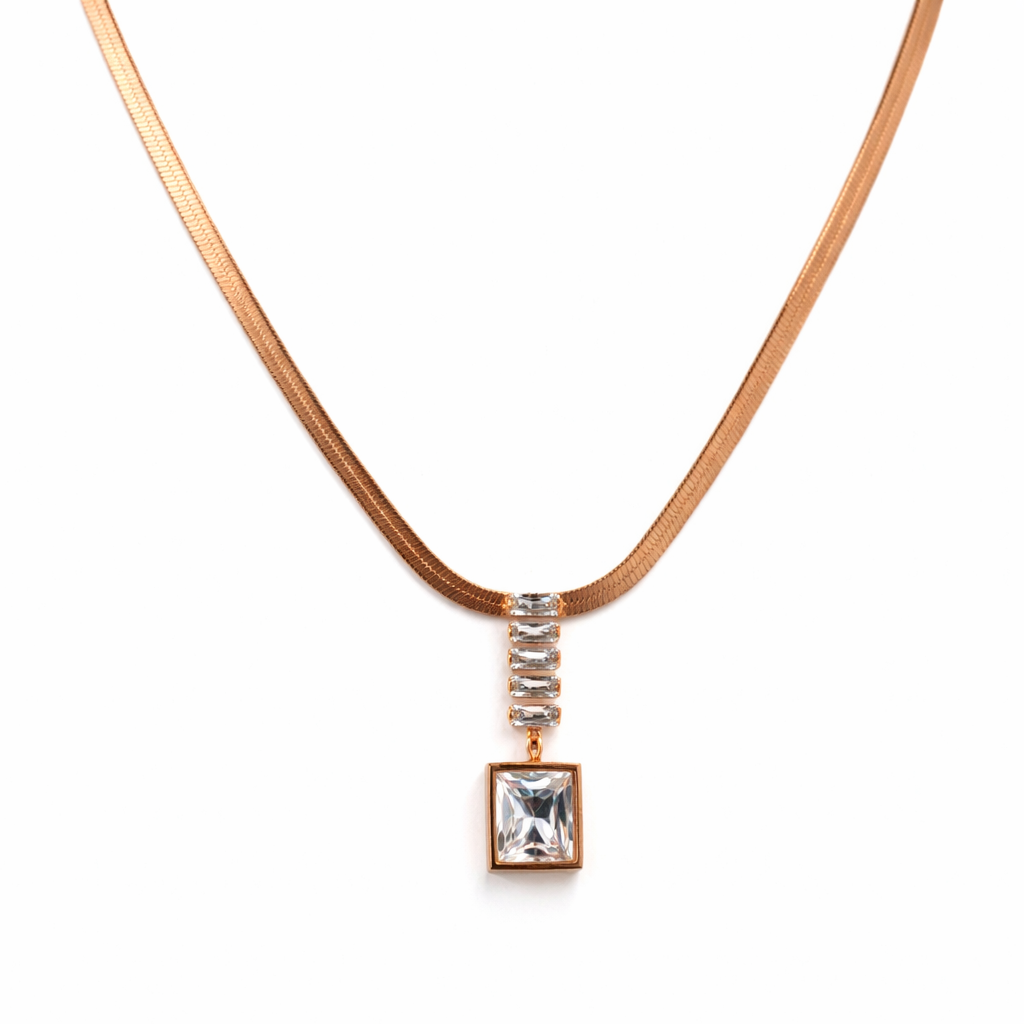 Gold Tone Luxe White Rectangular Cyrstal Necklace for Women- Glossy Finish