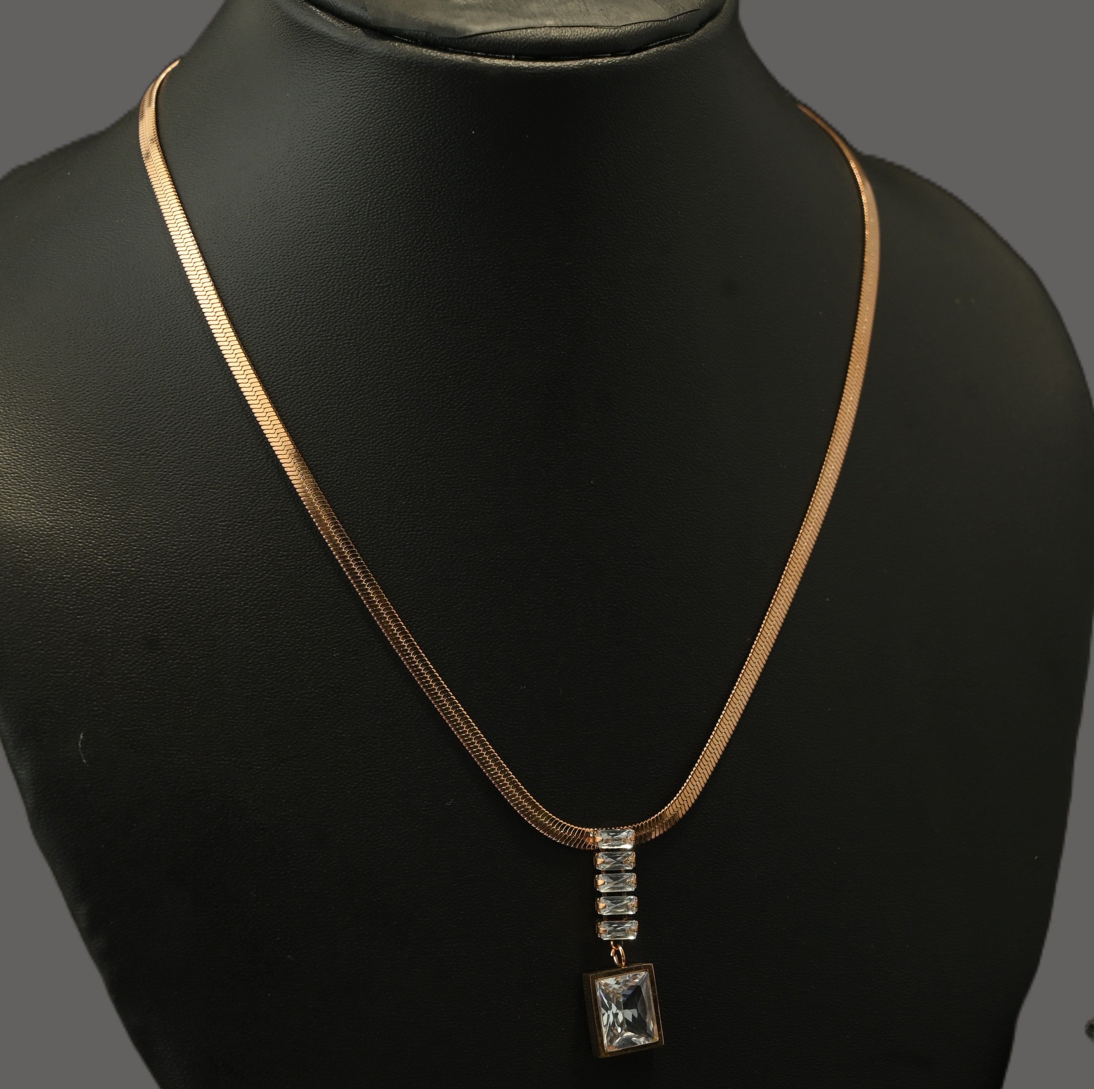 Gold Tone Luxe White Rectangular Cyrstal Necklace for Women- Glossy Finish