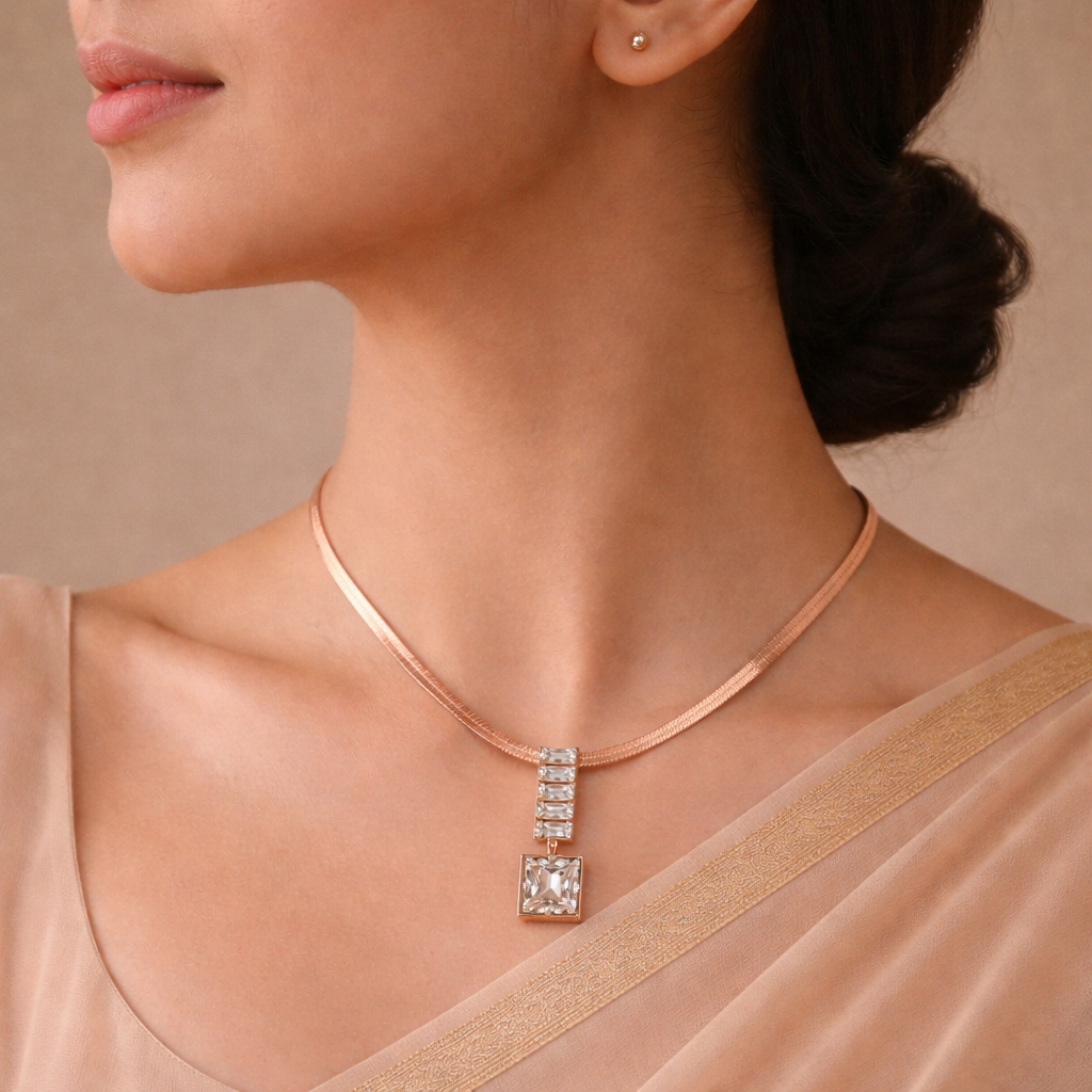Gold Tone Luxe White Rectangular Cyrstal Necklace for Women- Glossy Finish