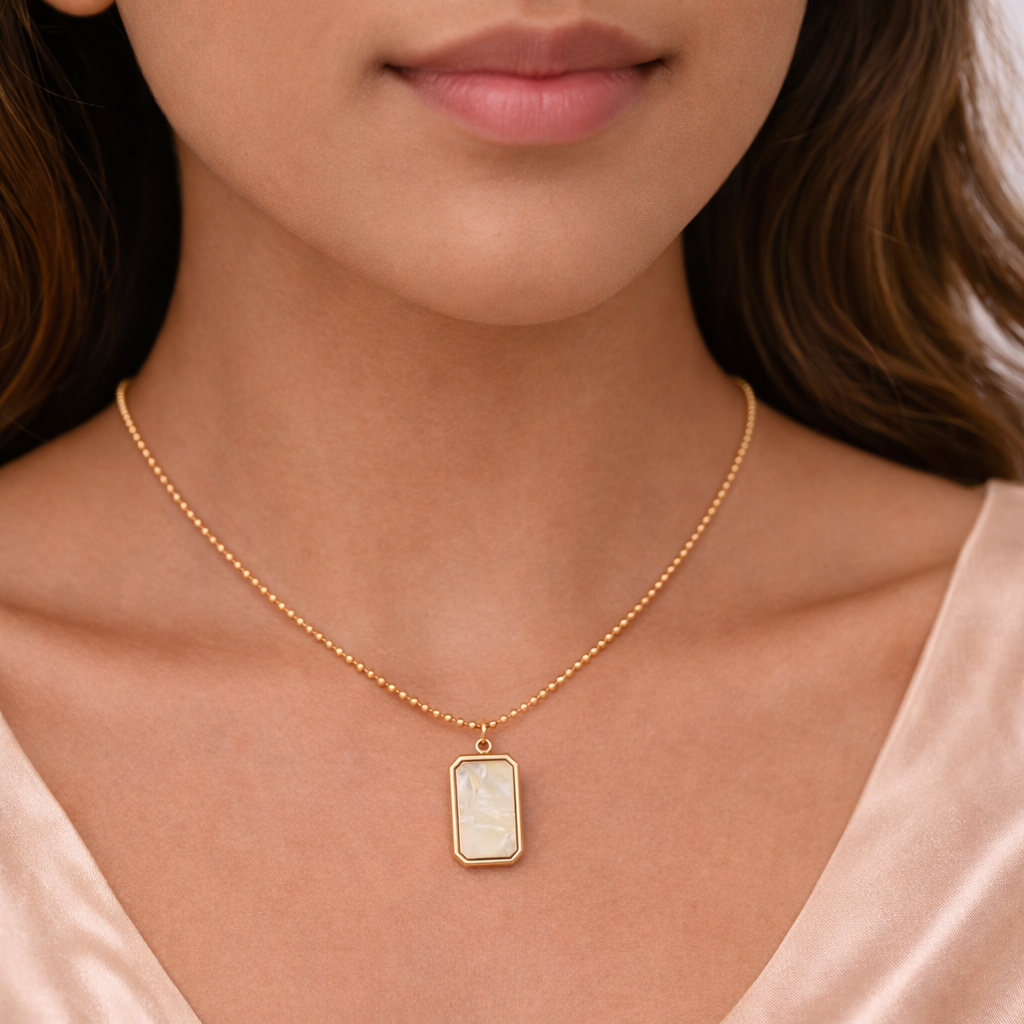 Gold Tone Luxe White Pearl Bar Necklace for Women- Glossy Finish