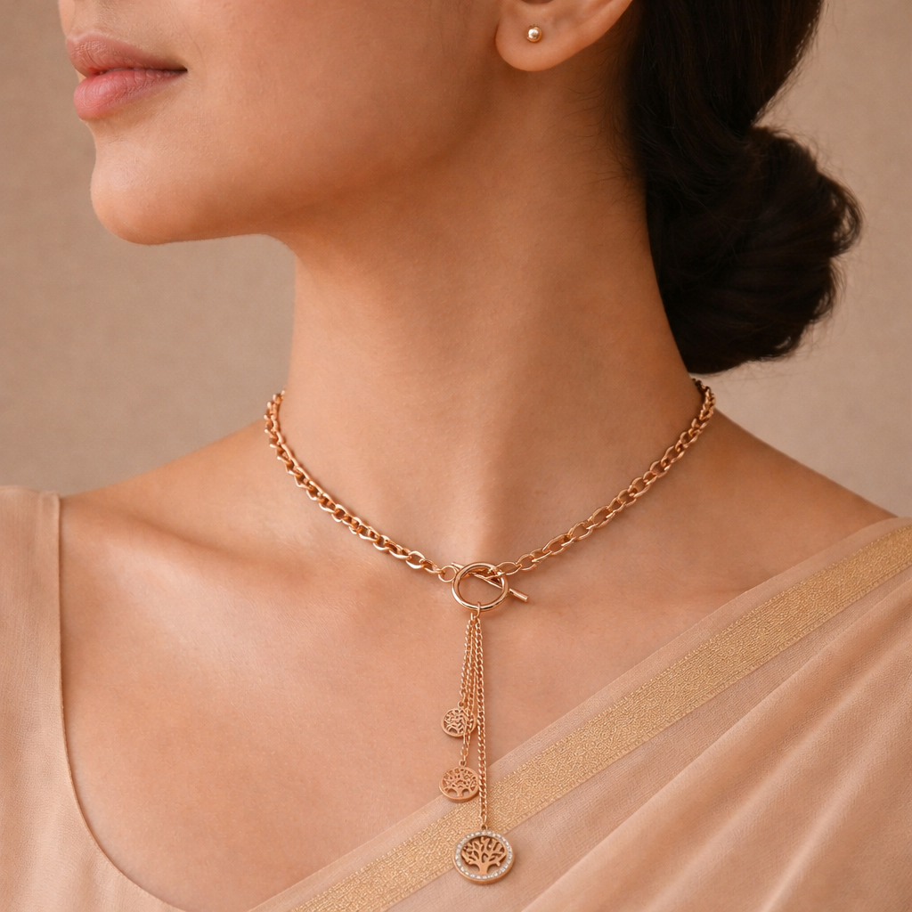 Gold Tone Eternal Life Tree Pendant Necklace for Women- Glossy Finish