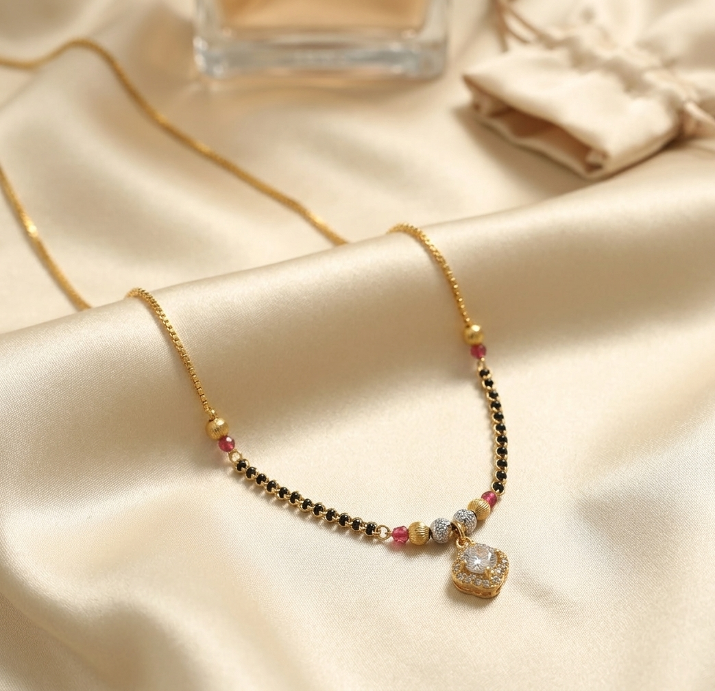 Gold Tone Minimal White Diamond Mangalsutra Necklace for Women- Glossy Finish
