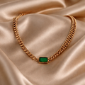 Gold Tone Elegant Emerald Bar Link Chain Necklace for Women- Matte Finish