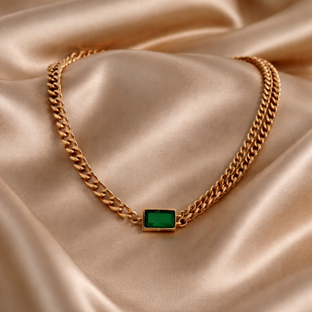 Gold Tone Elegant Emerald Bar Link Chain Necklace for Women- Matte Finish