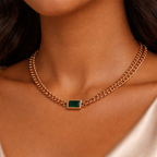 Gold Tone Elegant Emerald Bar Link Chain Necklace for Women- Matte Finish
