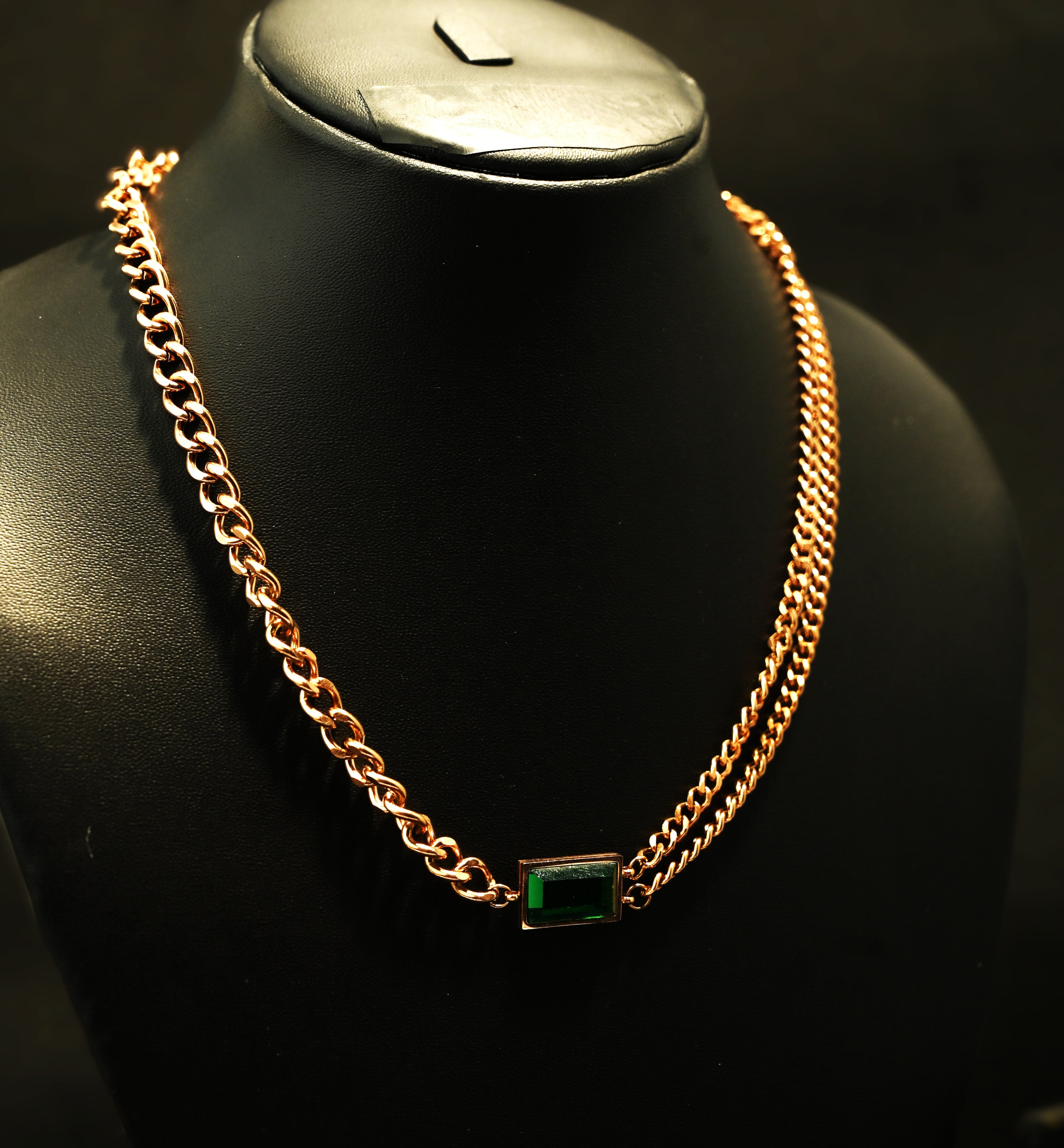 Gold Tone Elegant Emerald Bar Link Chain Necklace for Women- Matte Finish