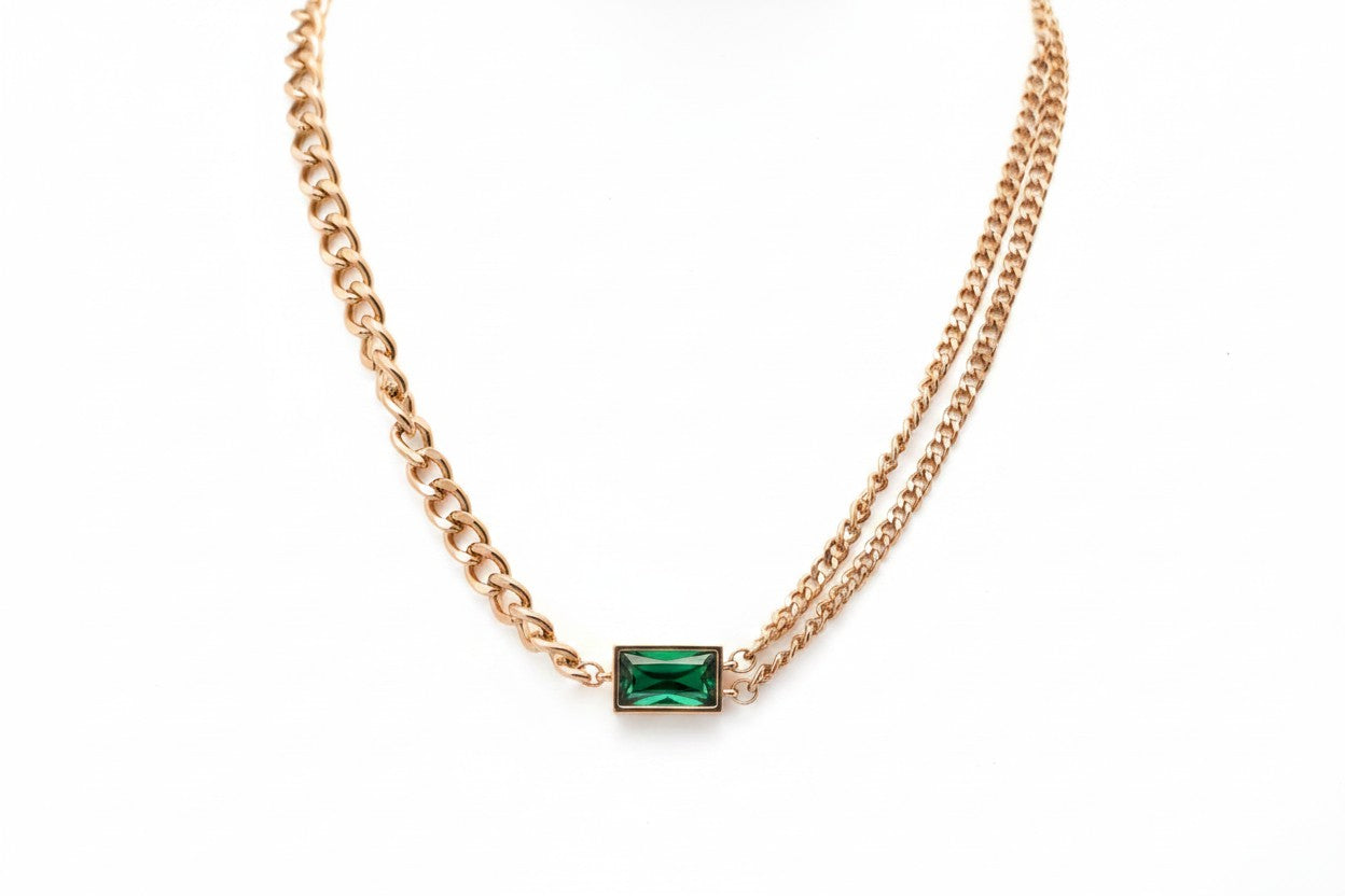 Gold Tone Elegant Emerald Bar Link Chain Necklace for Women- Matte Finish