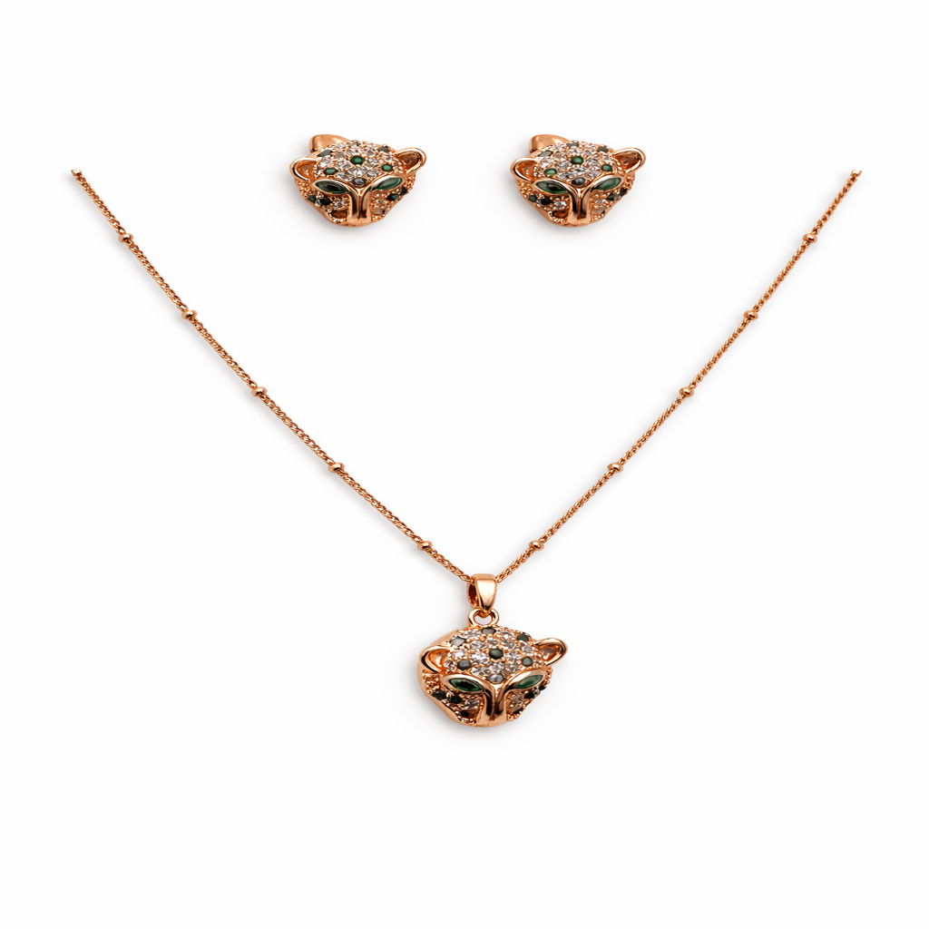 Gold Tone Luxe Leopard Motif Necklace and Earring Set for Women- Glossy Finish