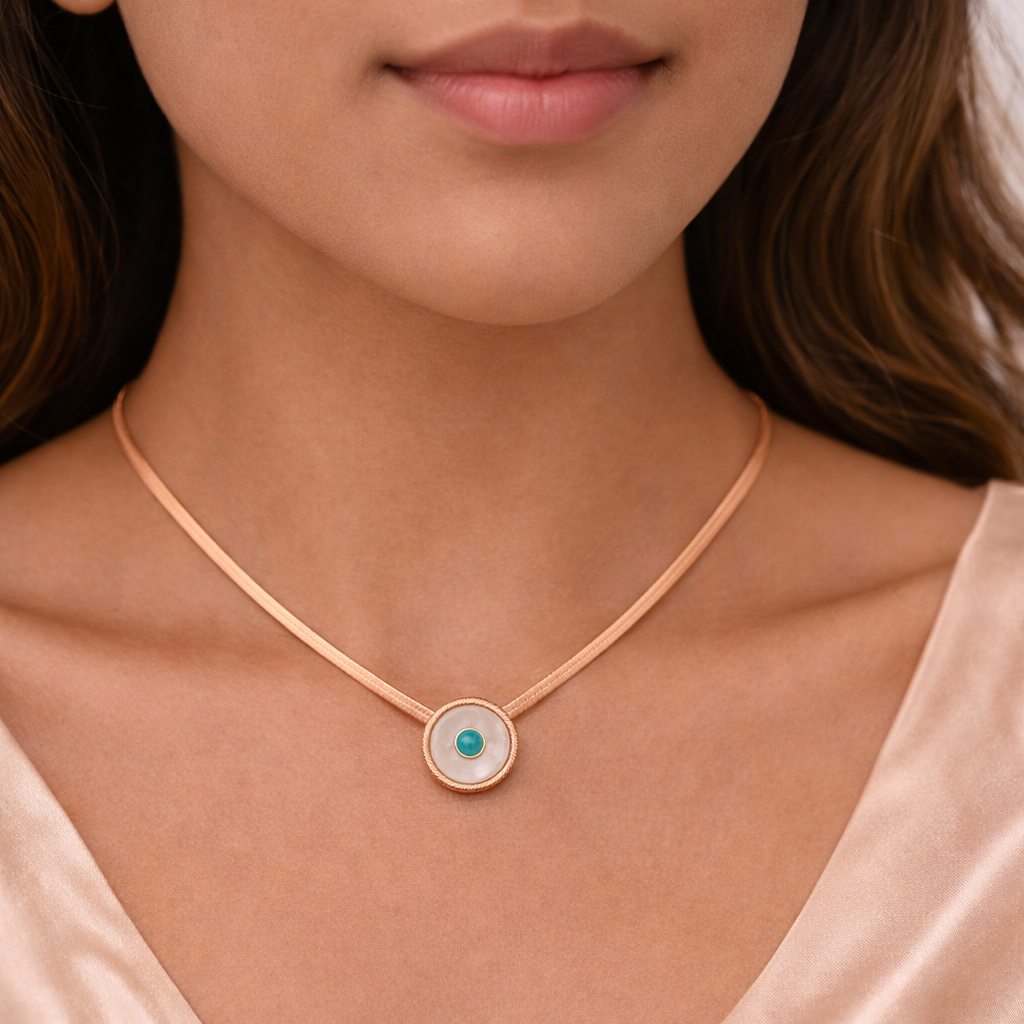 Gold Tone Classic Lucky Eye Round Pendant Necklace for Women- Glossy Finish