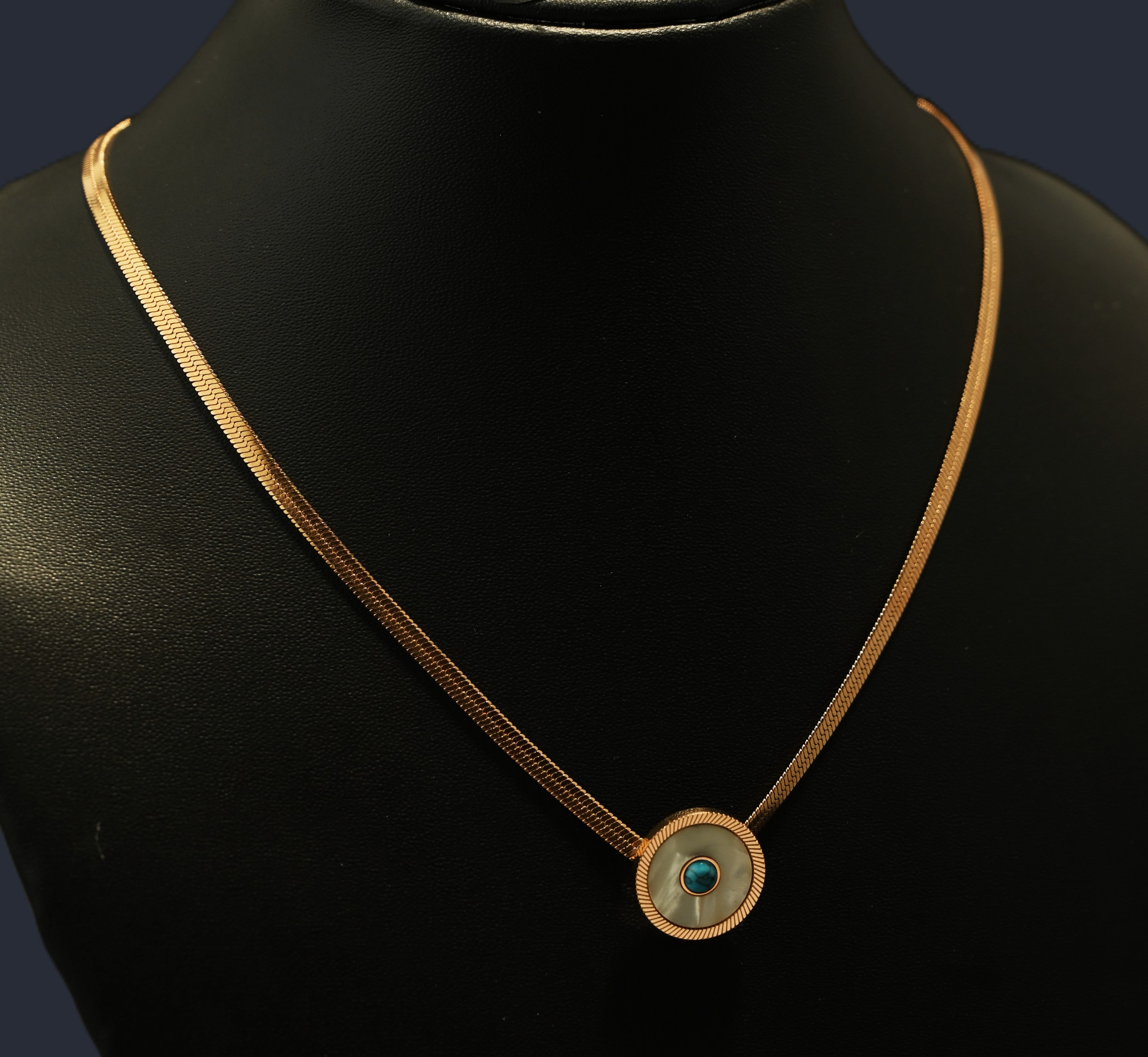 Gold Tone Classic Lucky Eye Round Pendant Necklace for Women- Glossy Finish