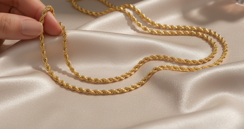 Gold Tone Classic Rope Detail Premium Chain for Men - Glossy Finish (21.5 Inch)