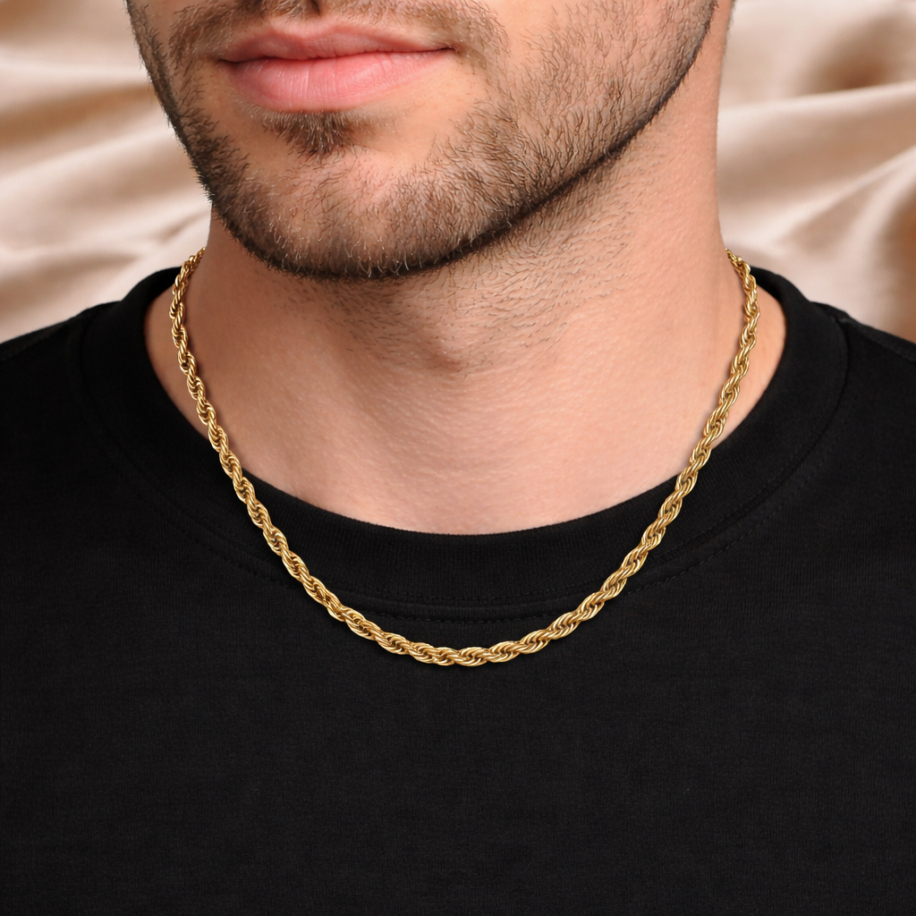 Gold Tone Classic Rope Detail Premium Chain for Men - Glossy Finish (21.5 Inch)