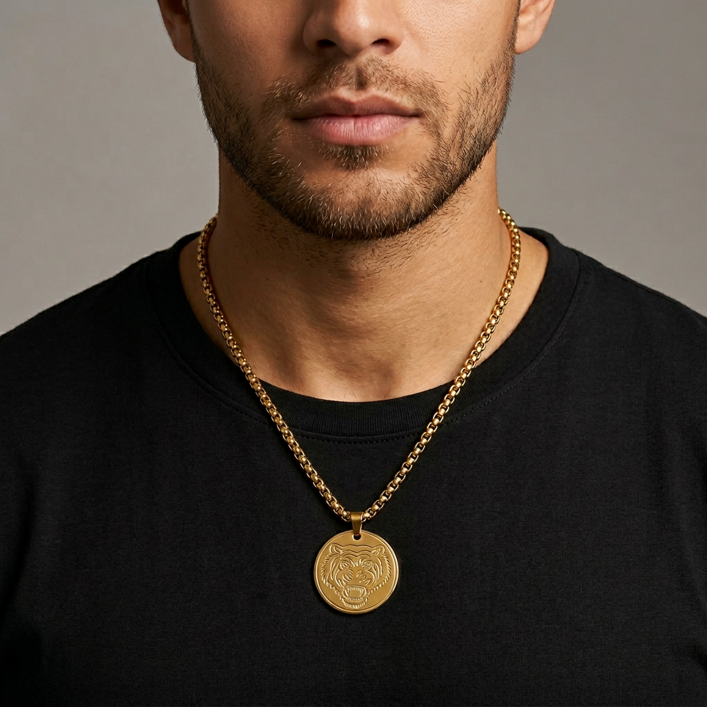 Gold Tone Bold Tiger Pendant Gold Steel Chain for Men- Glossy Finish (21.5 Inch)