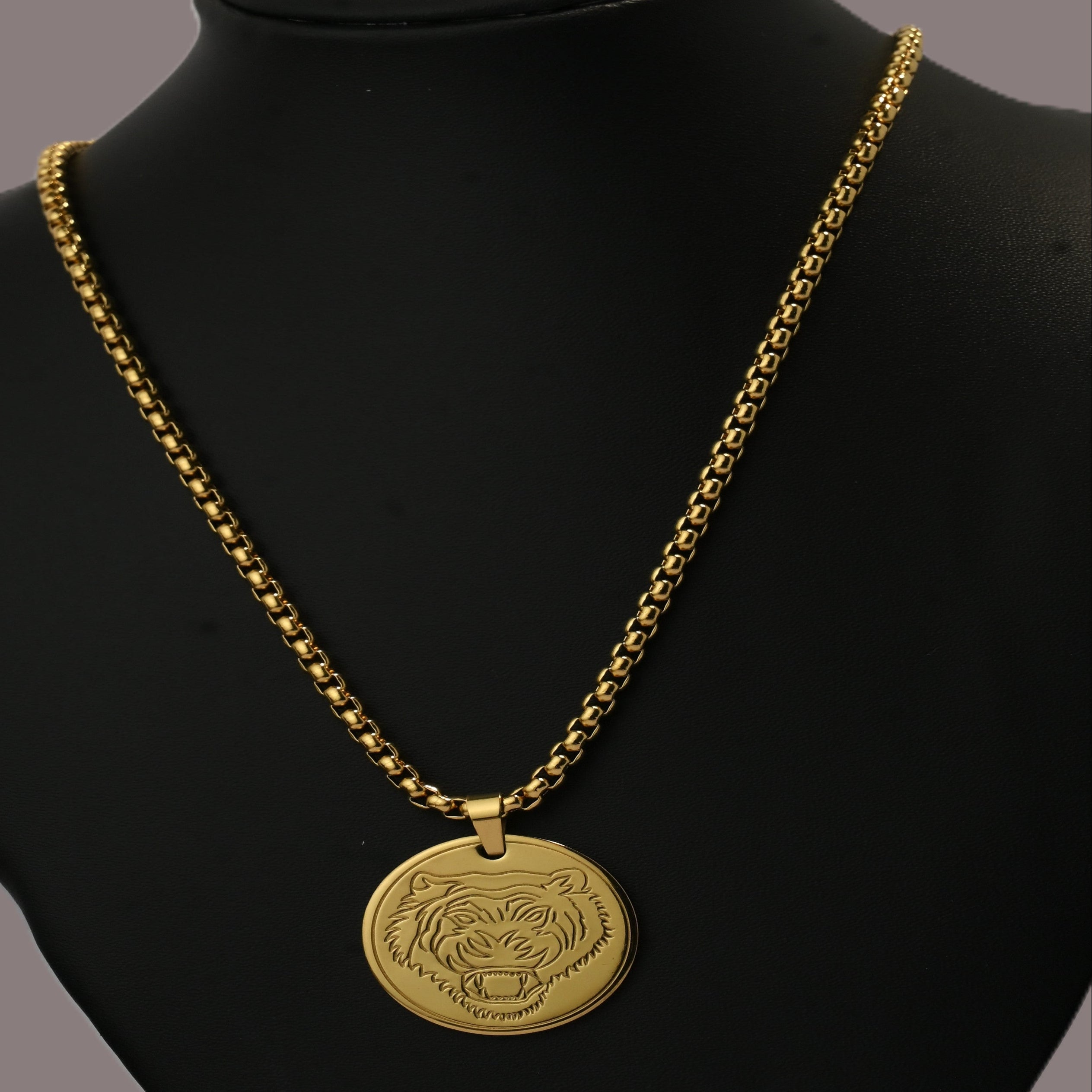 Gold Tone Bold Tiger Pendant Gold Steel Chain for Men- Glossy Finish (21.5 Inch)