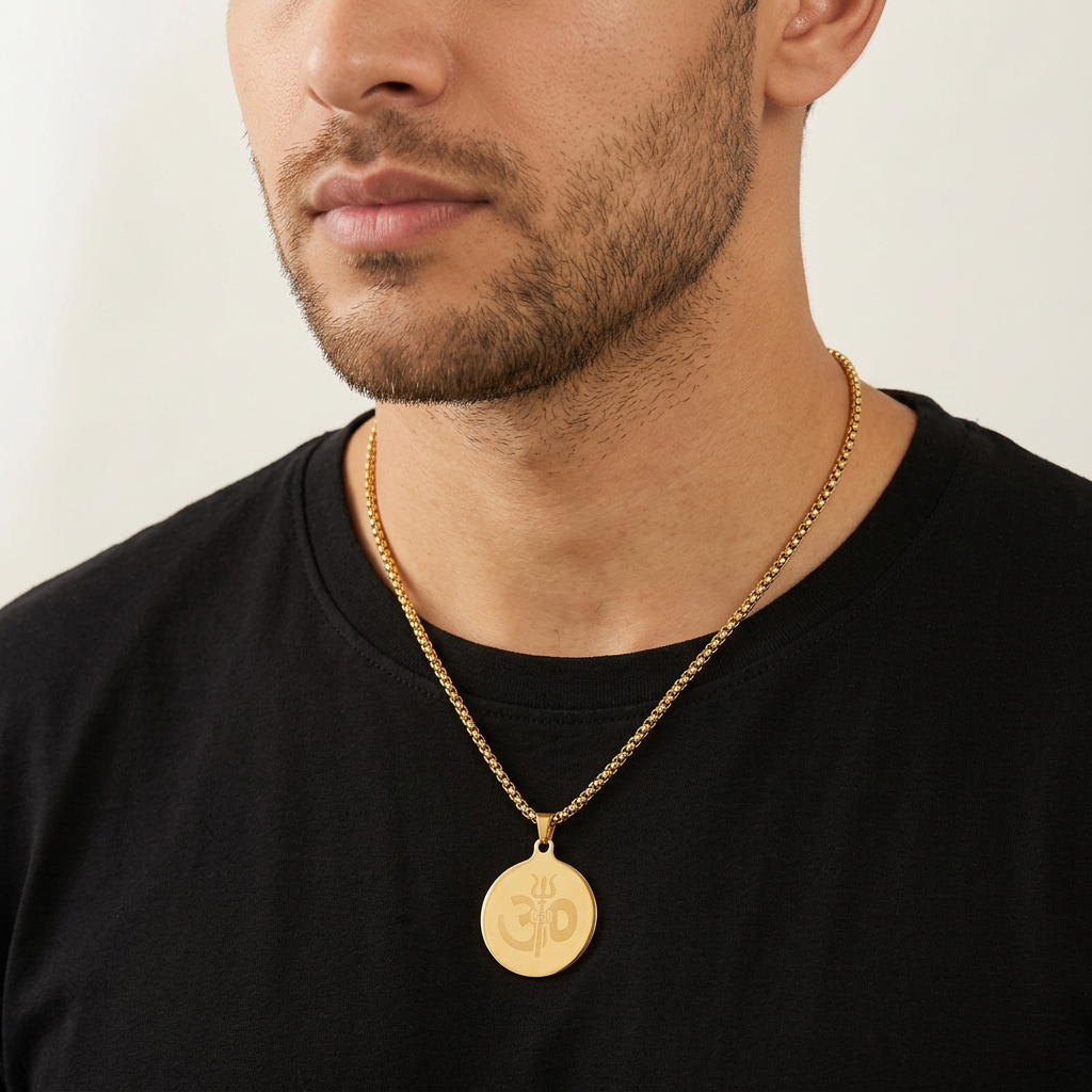 Gold Tone Divine Om Trishul Pendant Gold Chain for Men- Matte Finish (24 Inch)