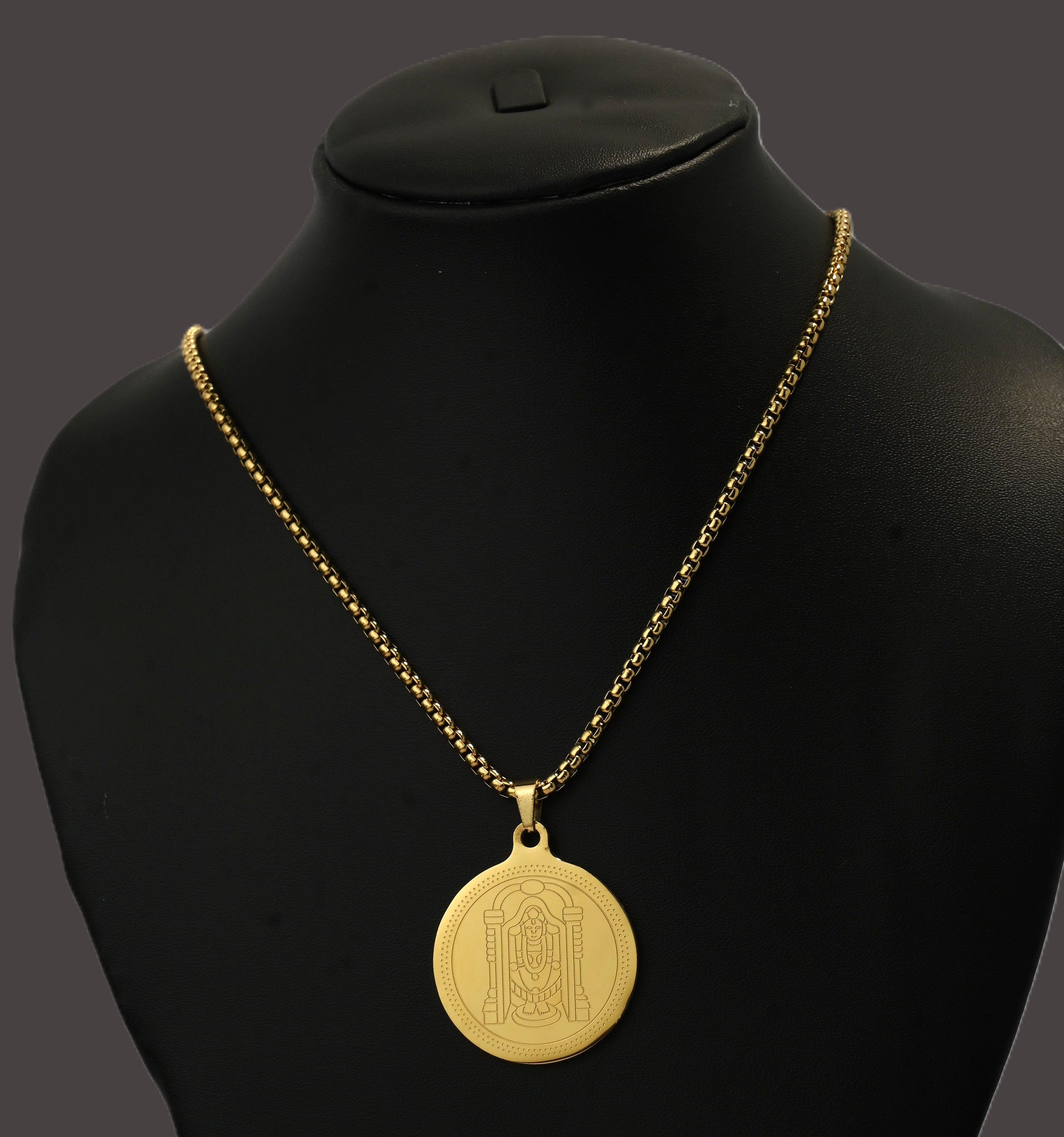 Gold Tone Minimal Tirupati Balaji Charm Gold Chain for Men- Glossy Finish (24 Inch)