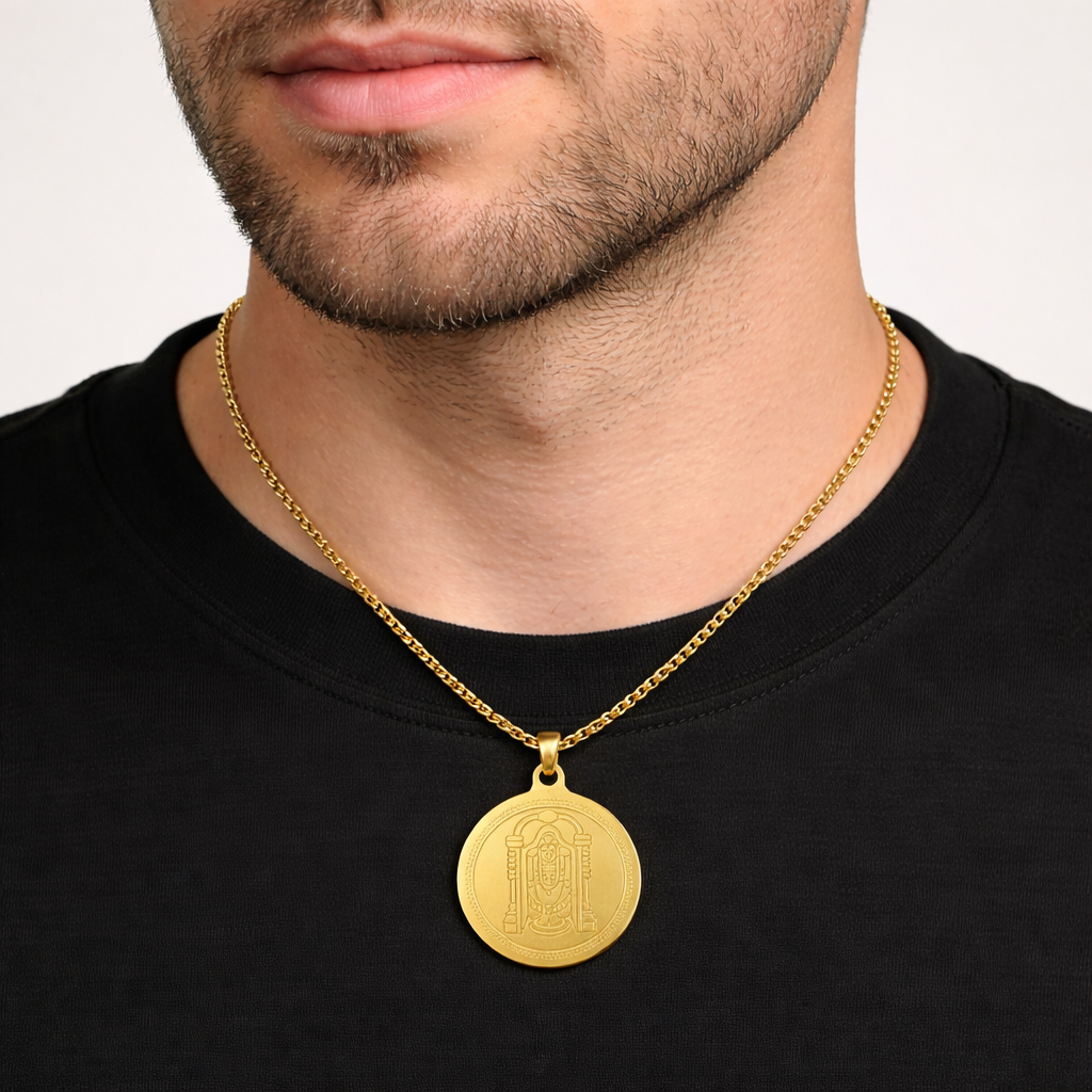 Gold Tone Minimal Tirupati Balaji Charm Gold Chain for Men- Glossy Finish (24 Inch)