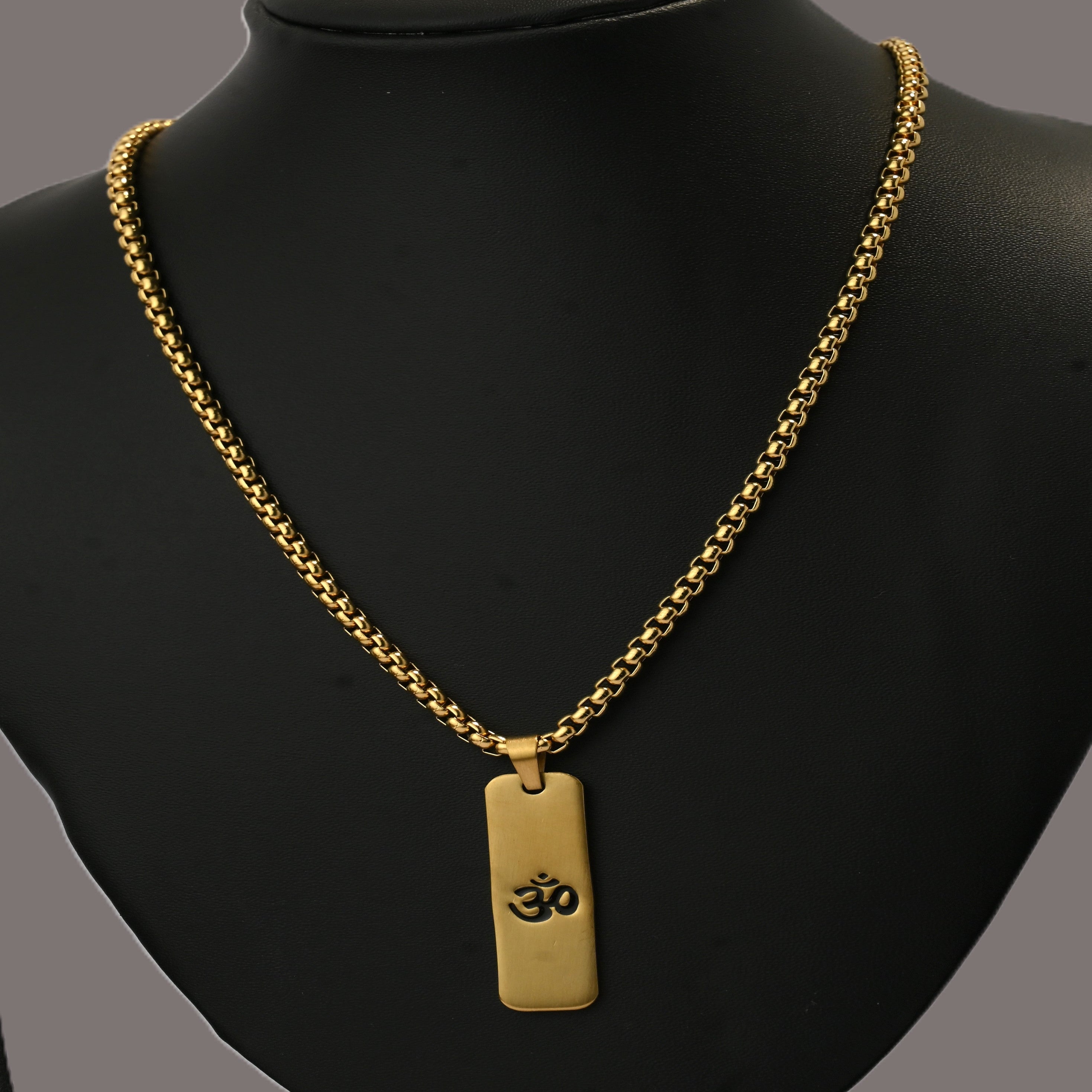 Gold Tone Signature Om Pendant Chain for Men- Matte Finish (24 Inch)