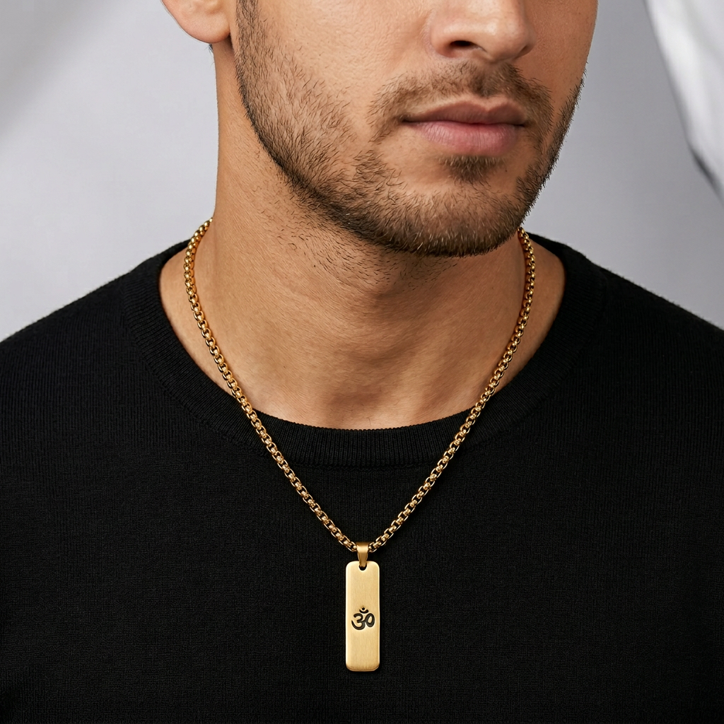 Gold Tone Signature Om Pendant Chain for Men- Matte Finish (24 Inch)