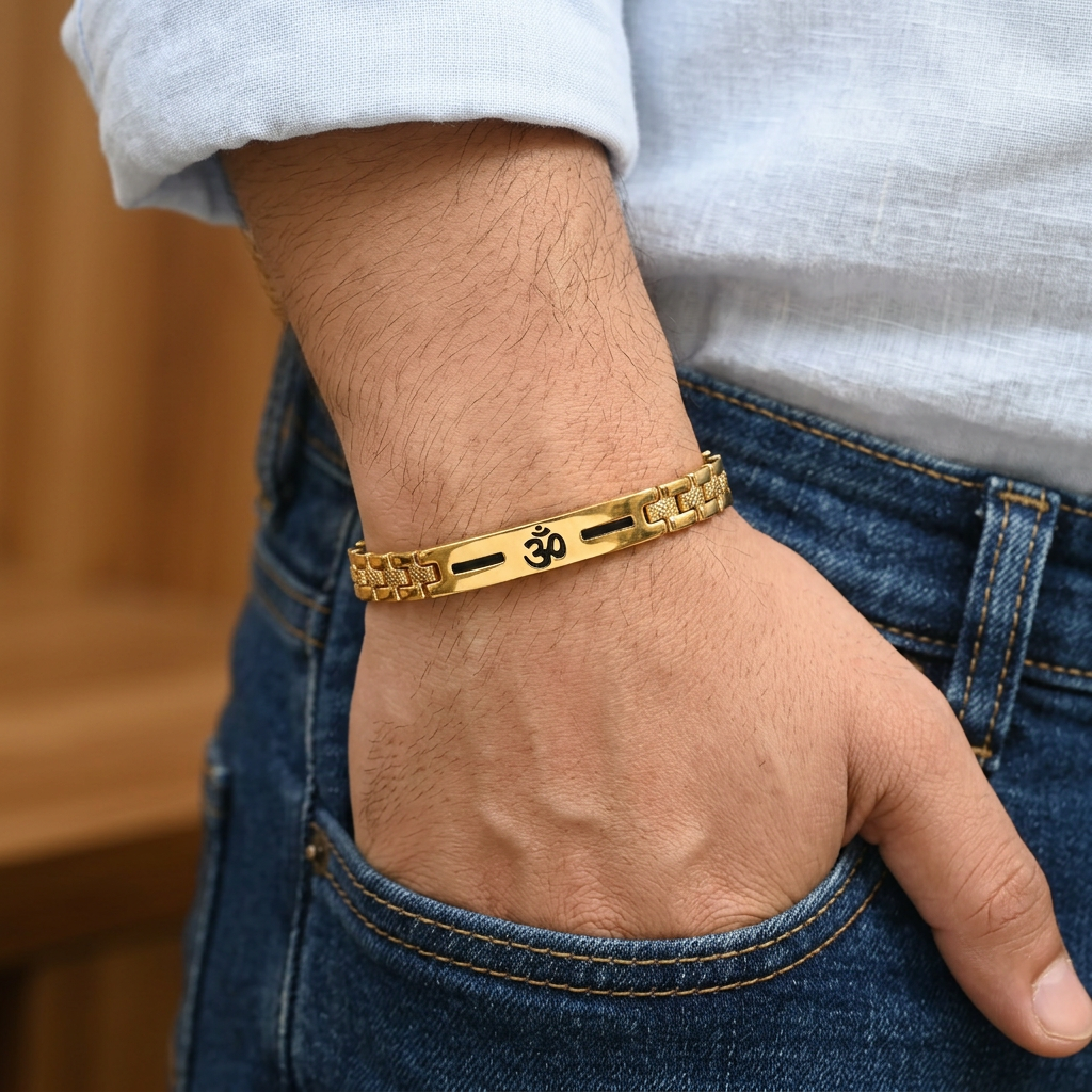 Gold Tone Elegant Om Black Accent Bracelet for Men- Glossy Finish (8 Inch)
