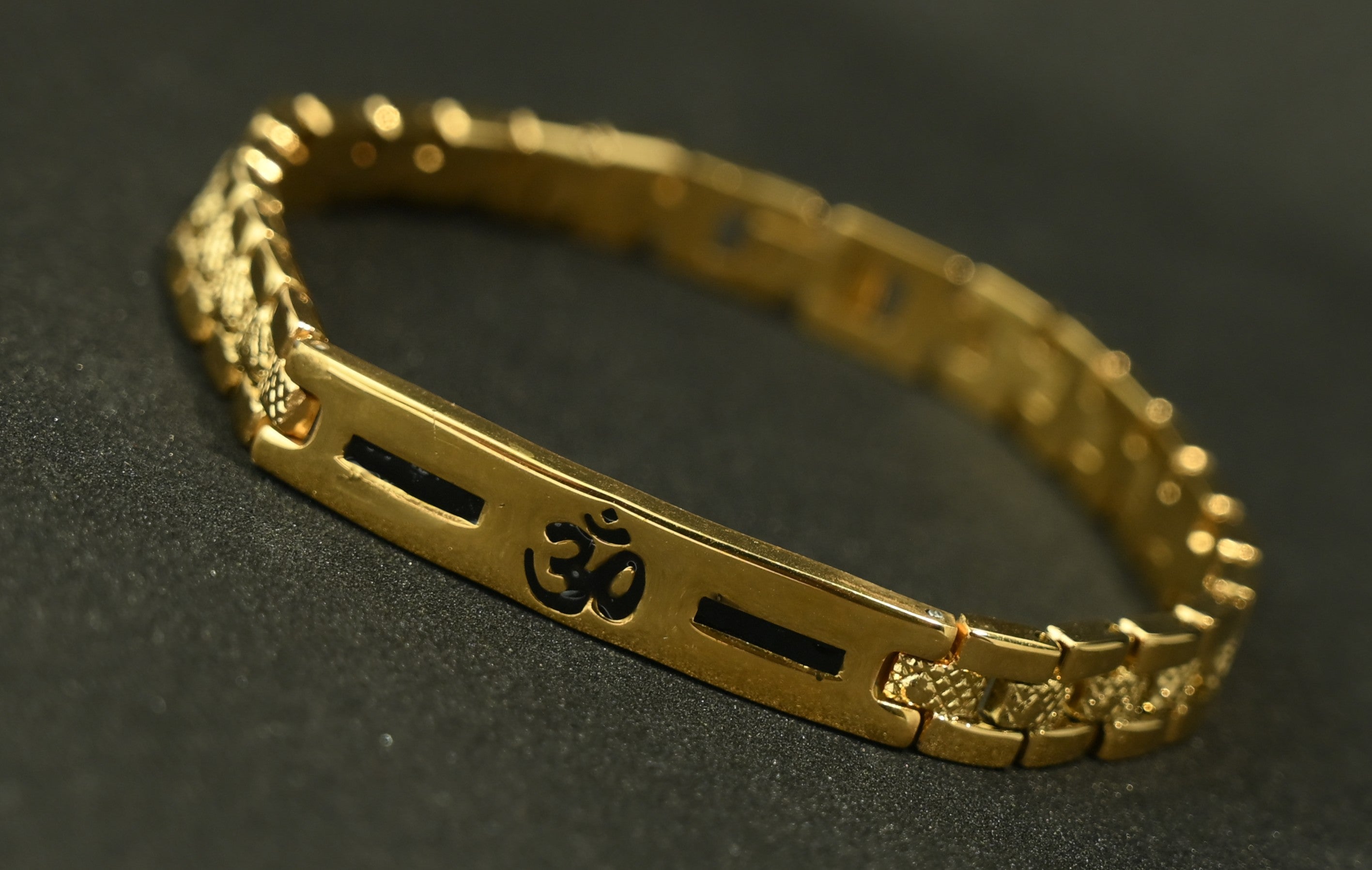 Gold Tone Elegant Om Black Accent Bracelet for Men- Glossy Finish (8 Inch)