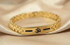 Gold Tone Elegant Om Black Accent Bracelet for Men- Glossy Finish (8 Inch)