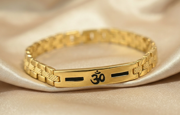 Gold Tone Elegant Om Black Accent Bracelet for Men- Glossy Finish (8 Inch)