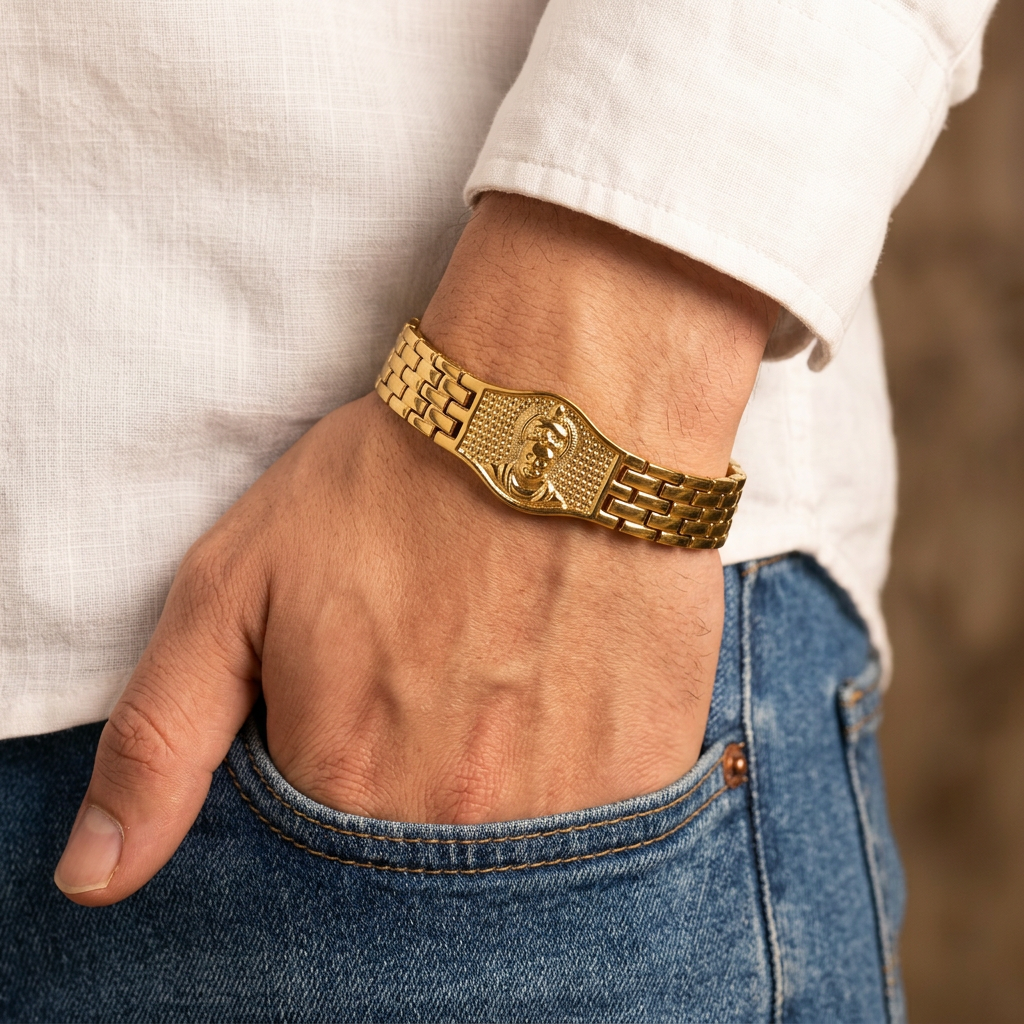 Gold Tone Divine Hanuman Ji Symbol Bracelet for Men- Glossy Finish (8 Inch)