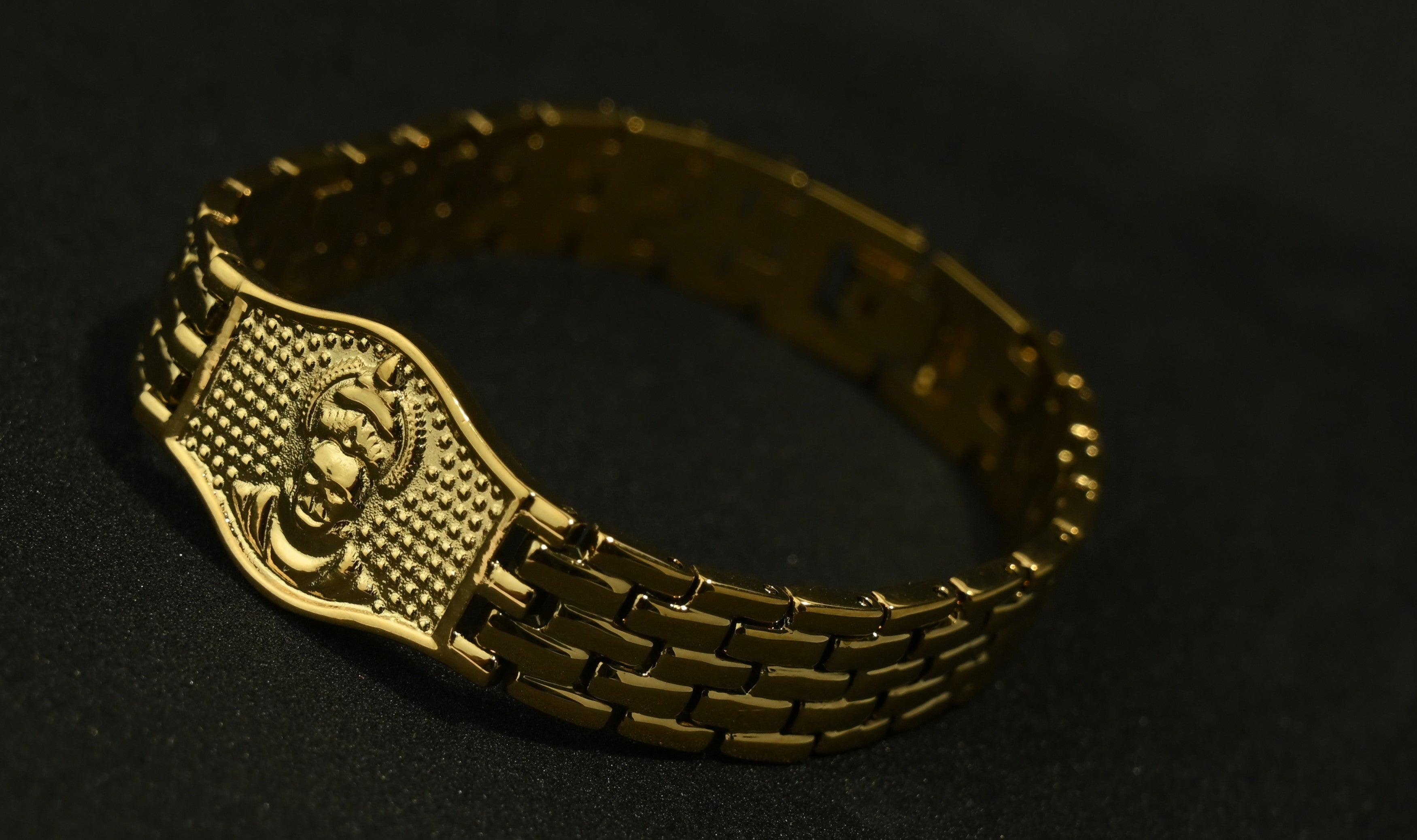 Gold Tone Divine Hanuman Ji Symbol Bracelet for Men- Glossy Finish (8 Inch)