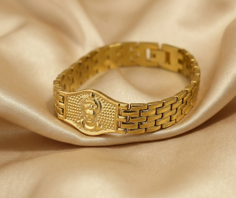 Gold Tone Divine Hanuman Ji Symbol Bracelet for Men- Glossy Finish (8 Inch)