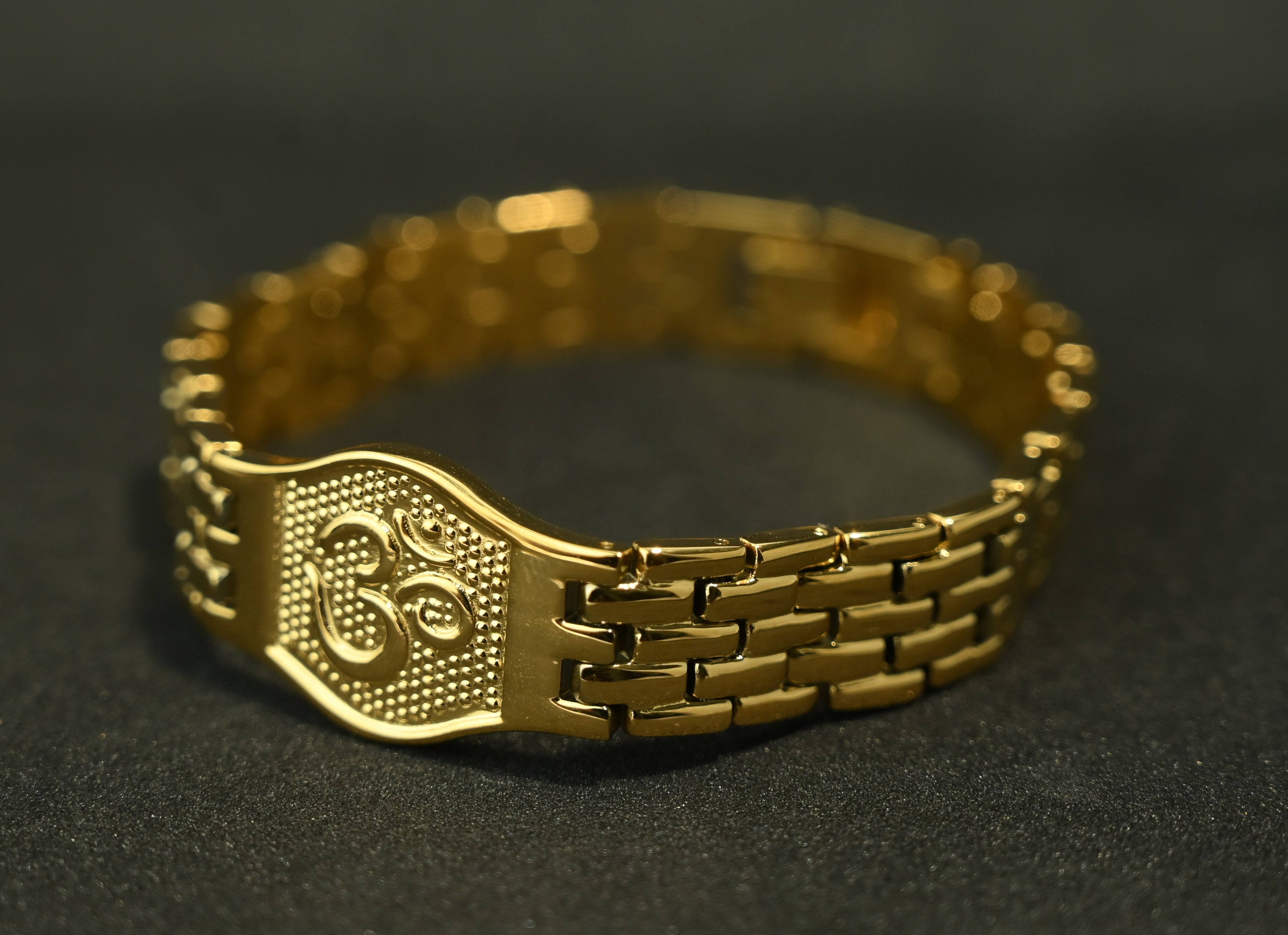 Gold Tone Divine Om Symbol Bracelet for Men- Glossy Finish (8 Inch)