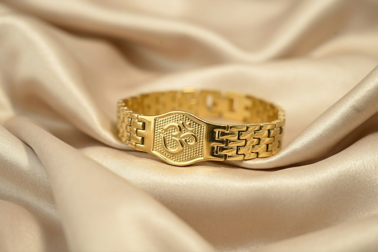 Gold Tone Divine Om Symbol Bracelet for Men- Glossy Finish (8 Inch)