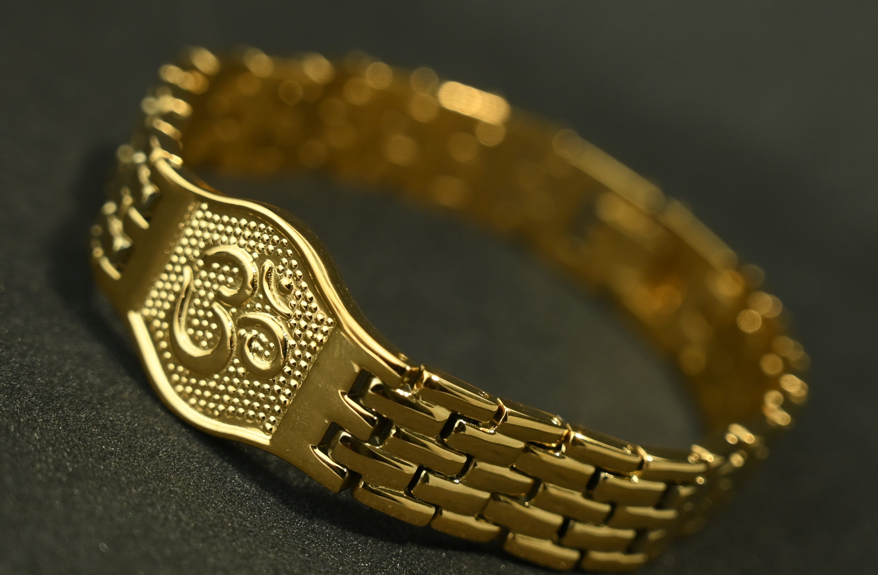 Gold Tone Divine Om Symbol Bracelet for Men- Glossy Finish (8 Inch)