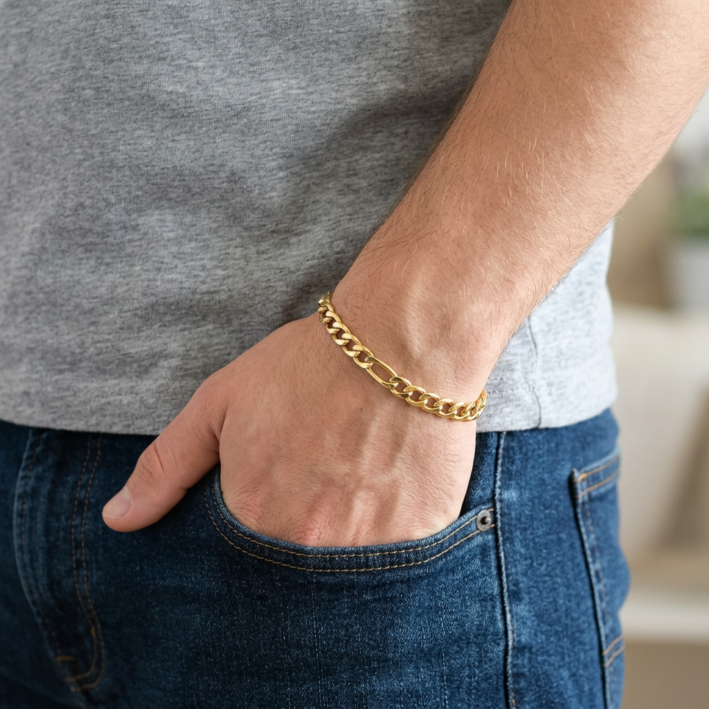 Gold Tone Signature Flat Link Chain Bracelet for Men- Glossy Finish (8 Inch)