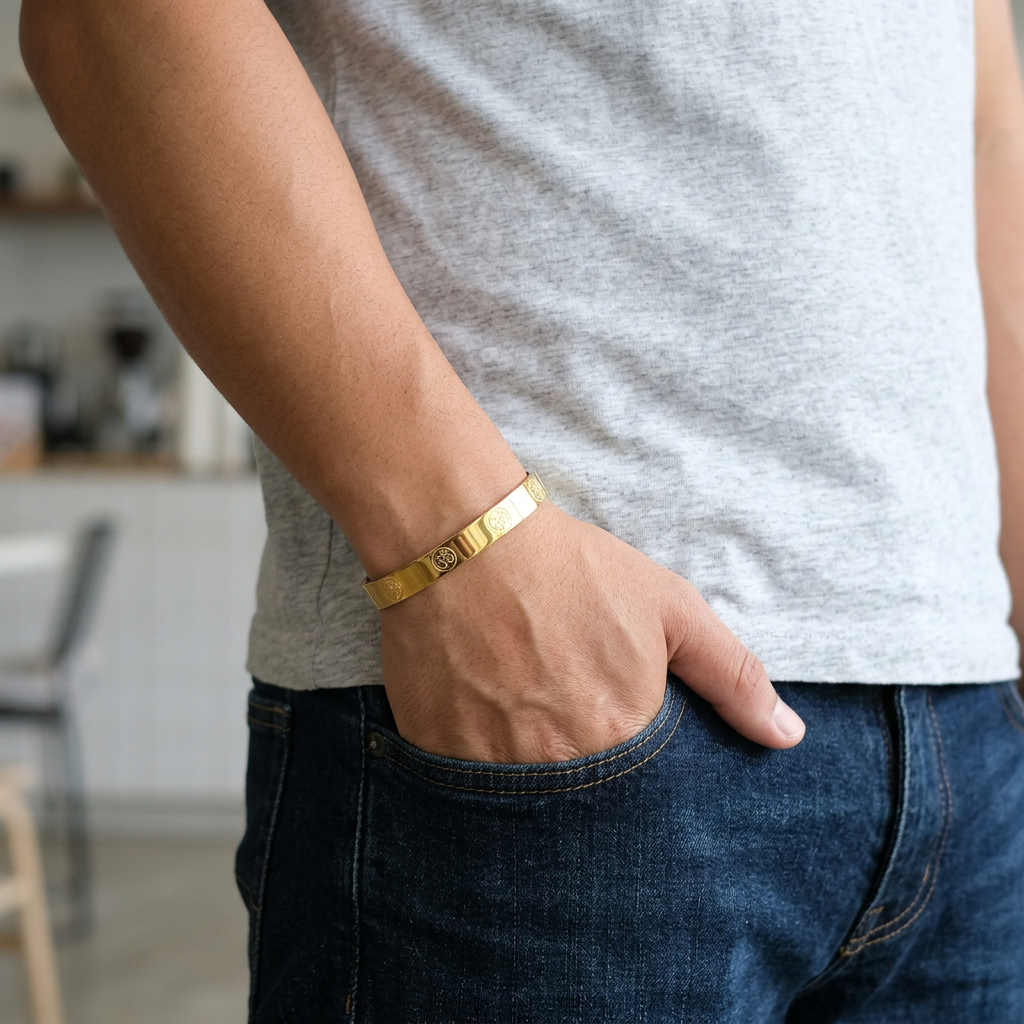 Gold Tone Classic Om Symbol Gold Bangle Bracelet for Men- Glossy Finish