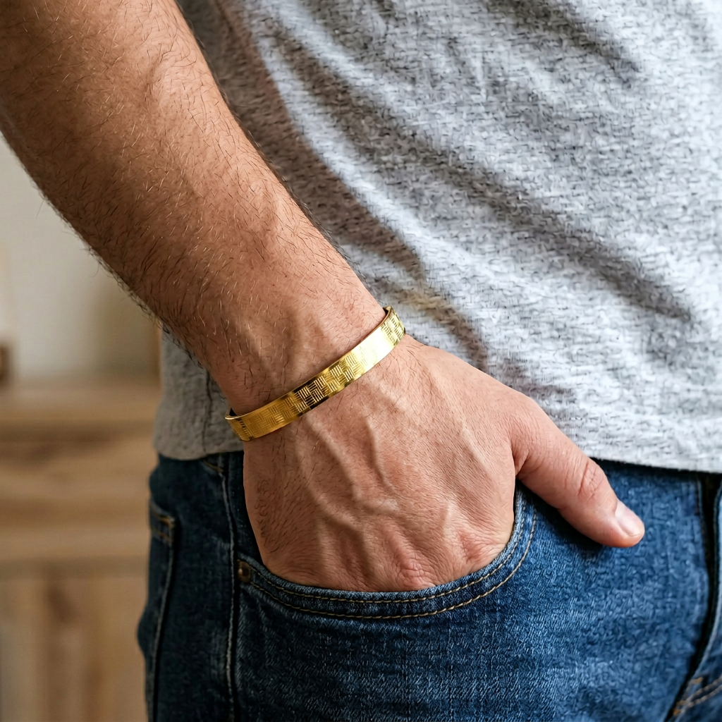 Gold Tone Signature Zigzag Style Cuff Bangle Bracelet for Men- Glossy Finish (7 Inch)