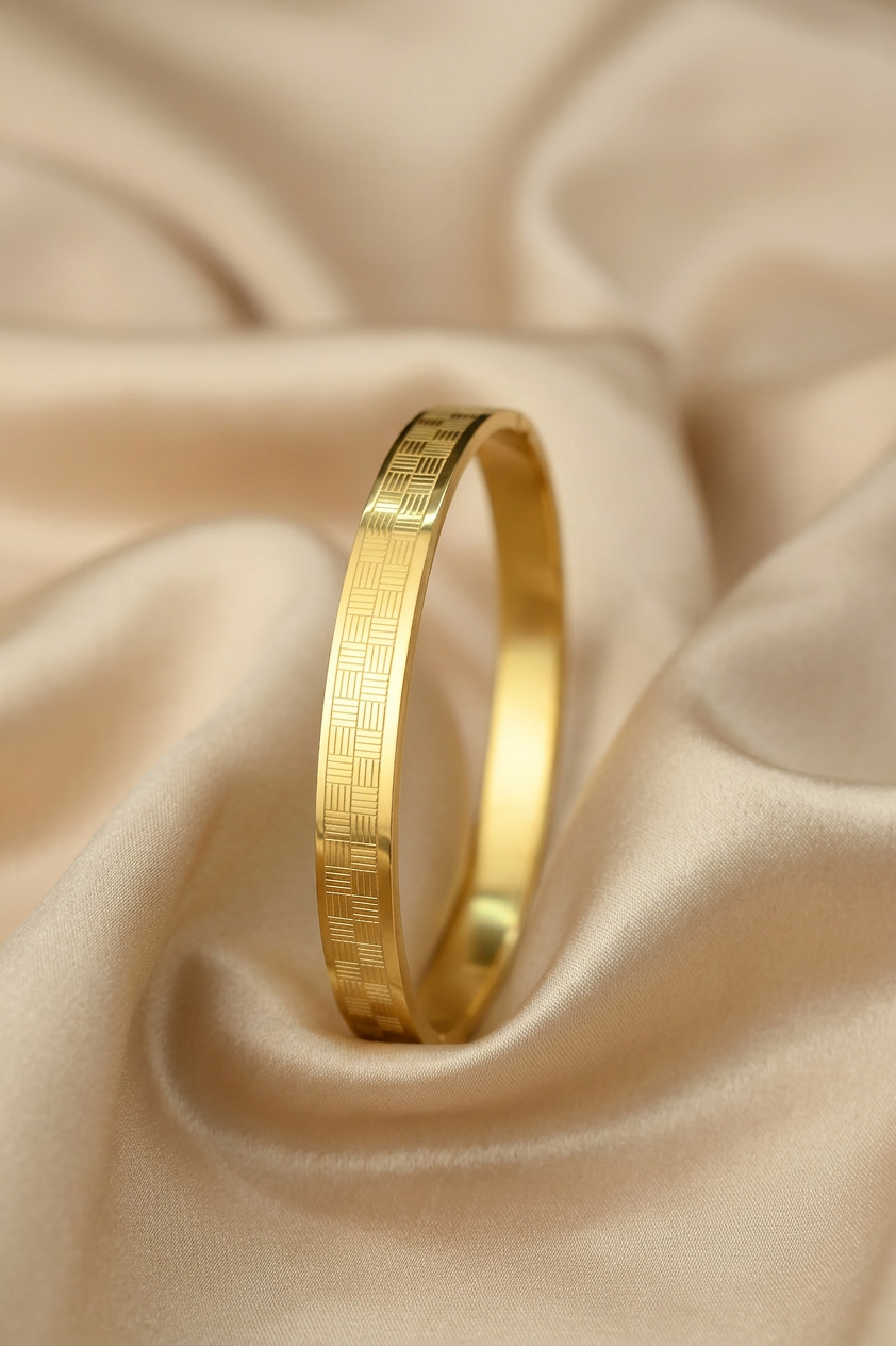 Gold Tone Signature Zigzag Style Cuff Bangle Bracelet for Men- Glossy Finish (7 Inch)