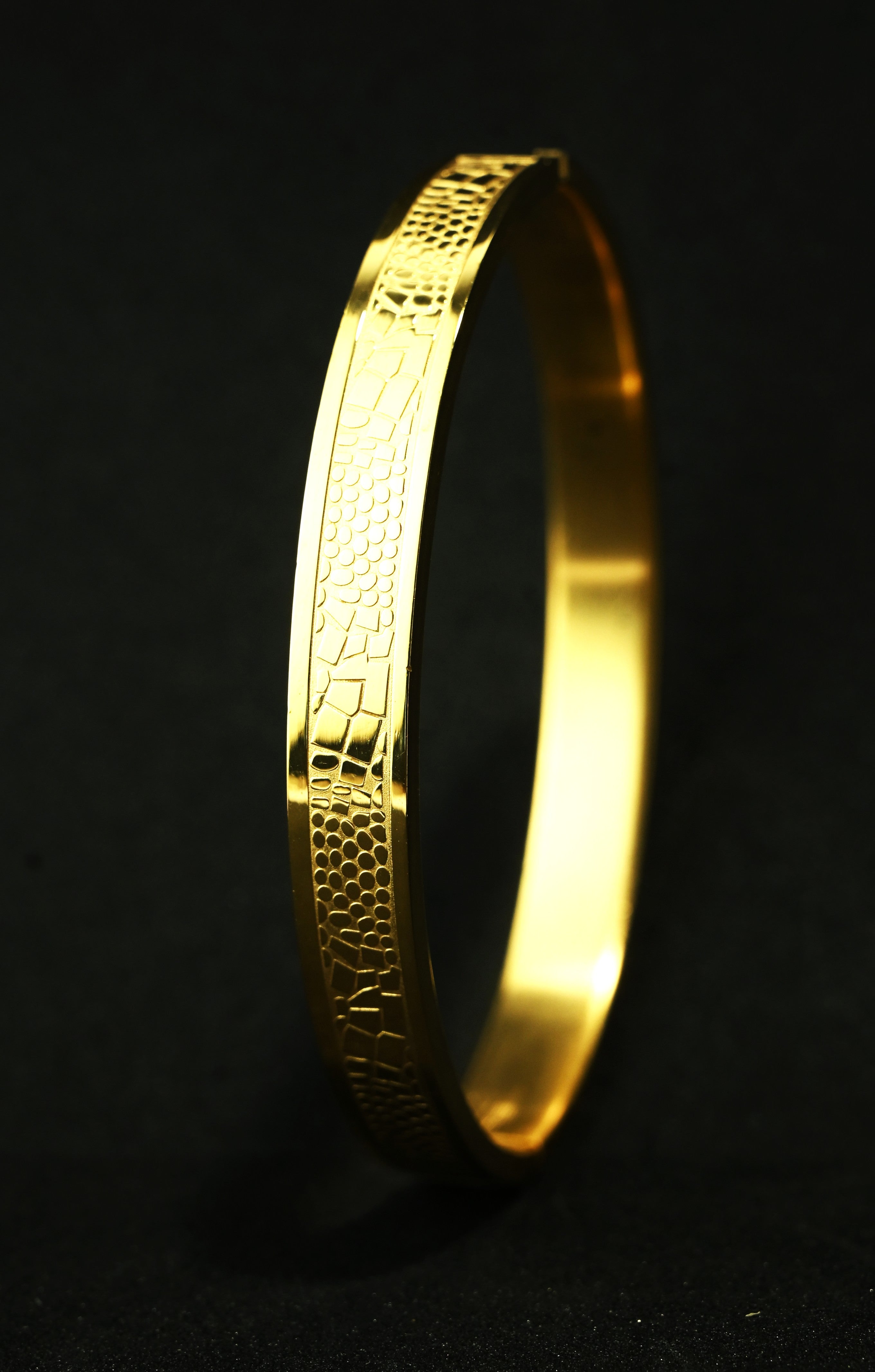 Gold Tone Signature Textured Pattern Cuff Bangle Bracelet for Men- Glossy Finish (7 Inch)