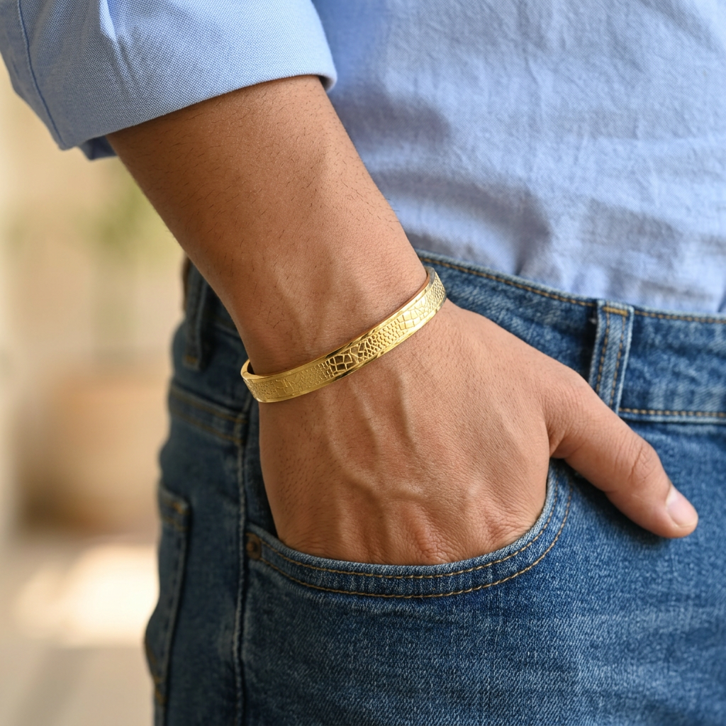Gold Tone Signature Textured Pattern Cuff Bangle Bracelet for Men- Glossy Finish (7 Inch)