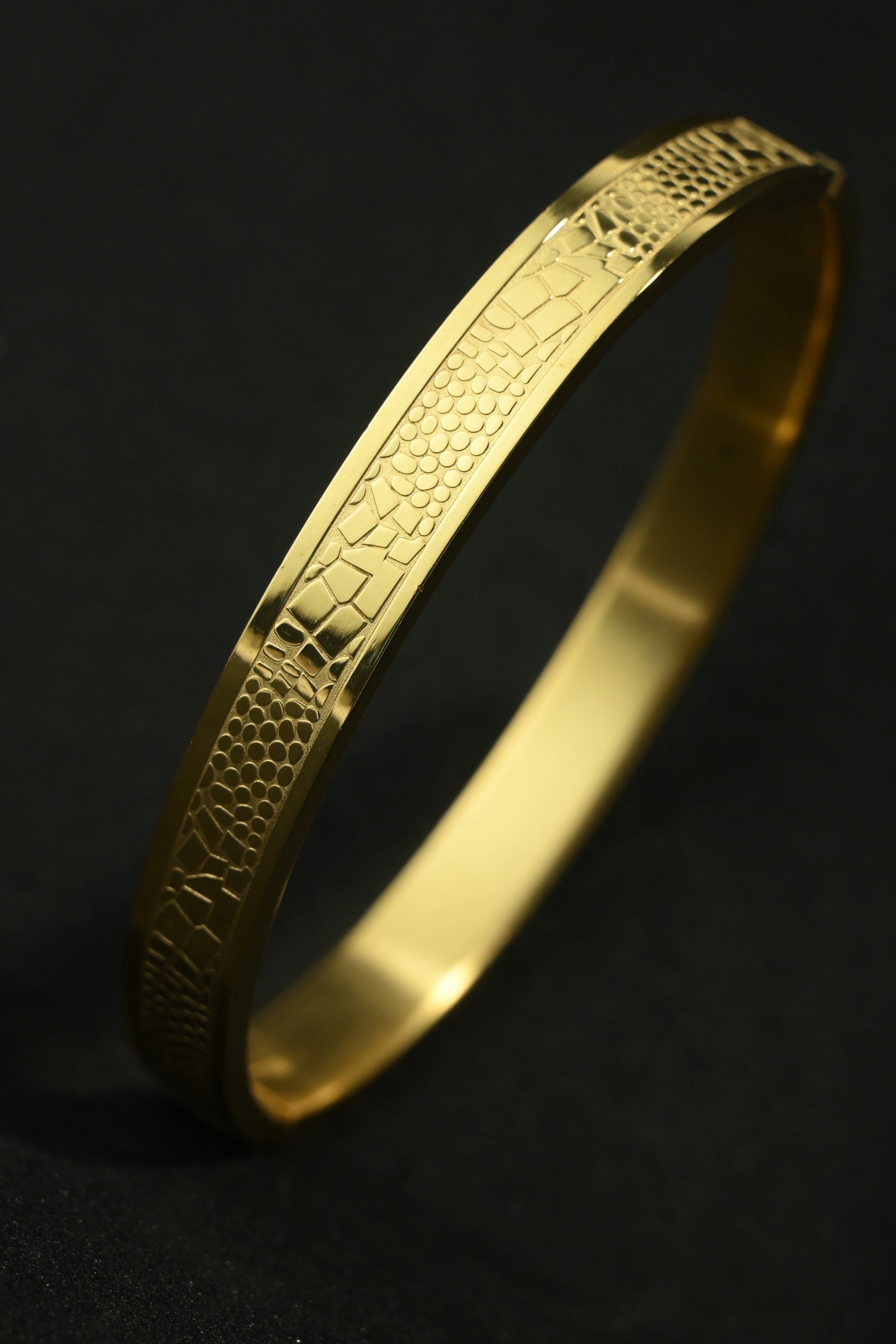 Gold Tone Signature Textured Pattern Cuff Bangle Bracelet for Men- Glossy Finish (7 Inch)