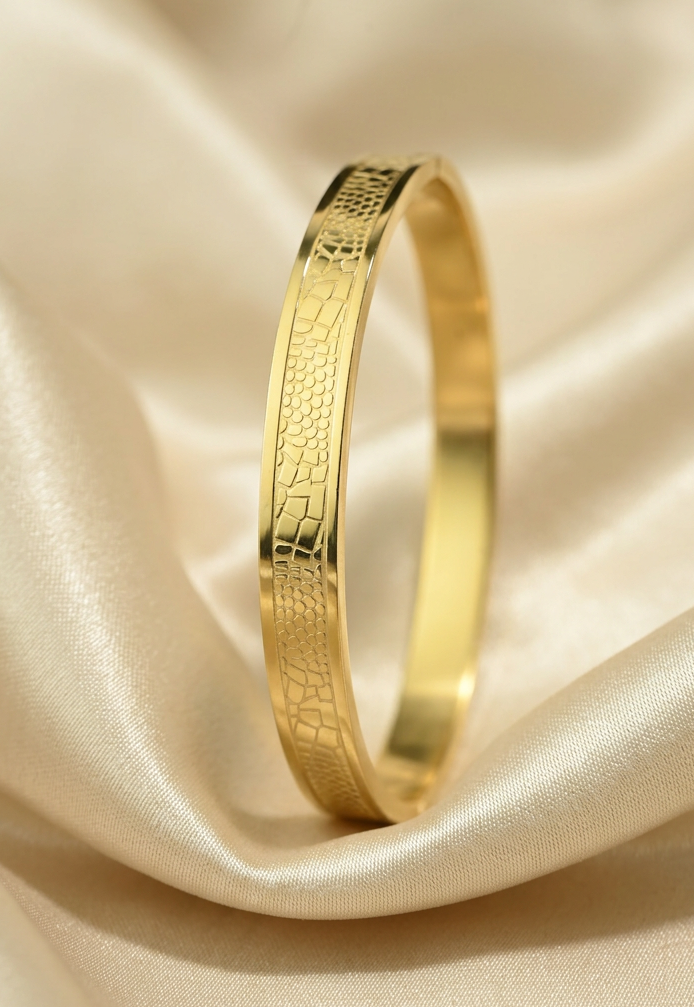 Gold Tone Signature Textured Pattern Cuff Bangle Bracelet for Men- Glossy Finish (7 Inch)