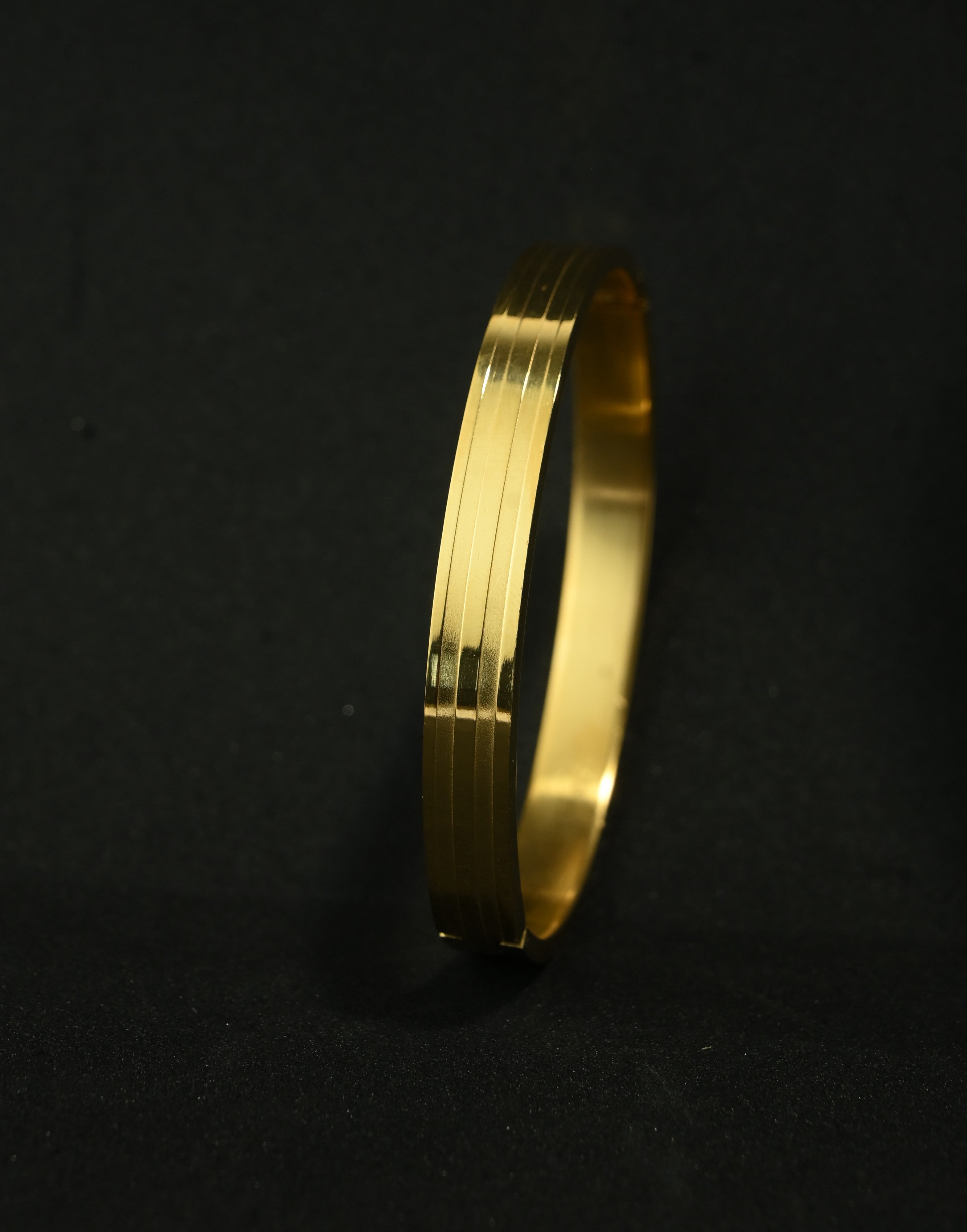 Gold Tone Signature Linear Pattern Cuff Bangle Bracelet for Men- Glossy Finish (7 Inch)