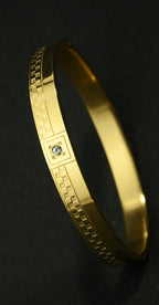 Gold Tone Signature Checkered Pattern Cuff Bangle Bracelet for Men- Glossy Finish