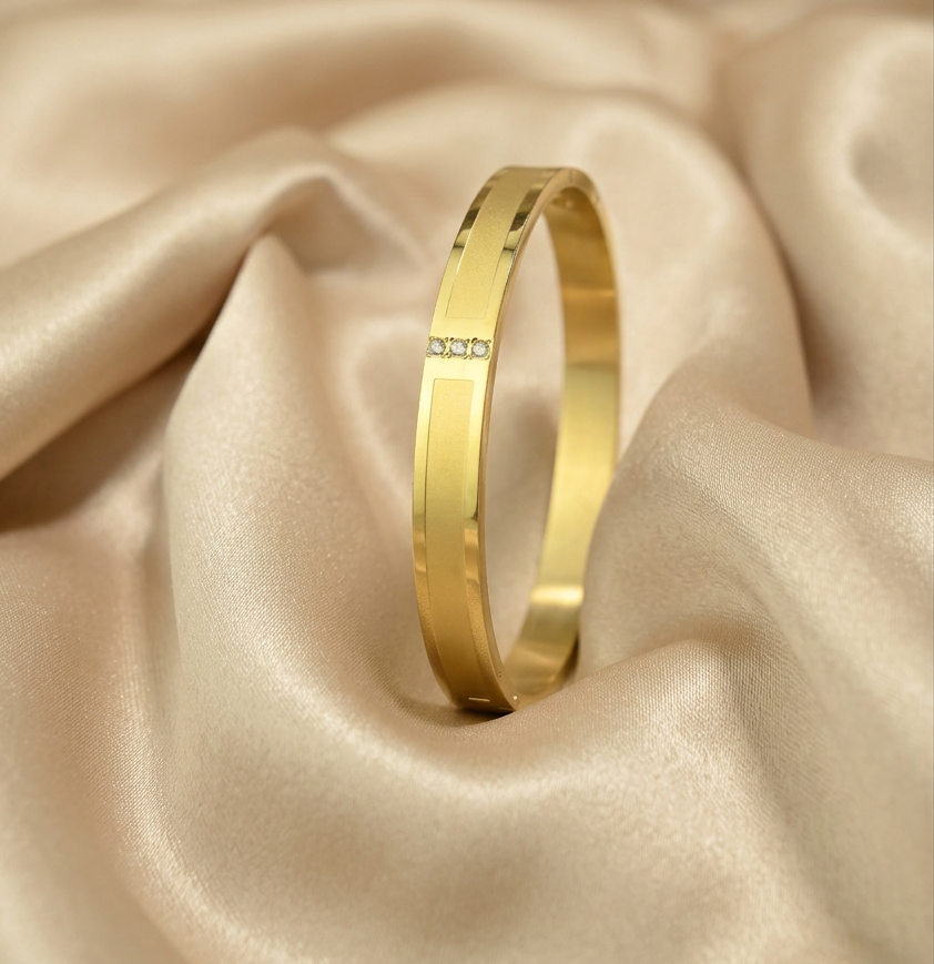 Gold Tone Premium Trinity Stone Accent Bangle Bracelet for Men- Glossy Finish